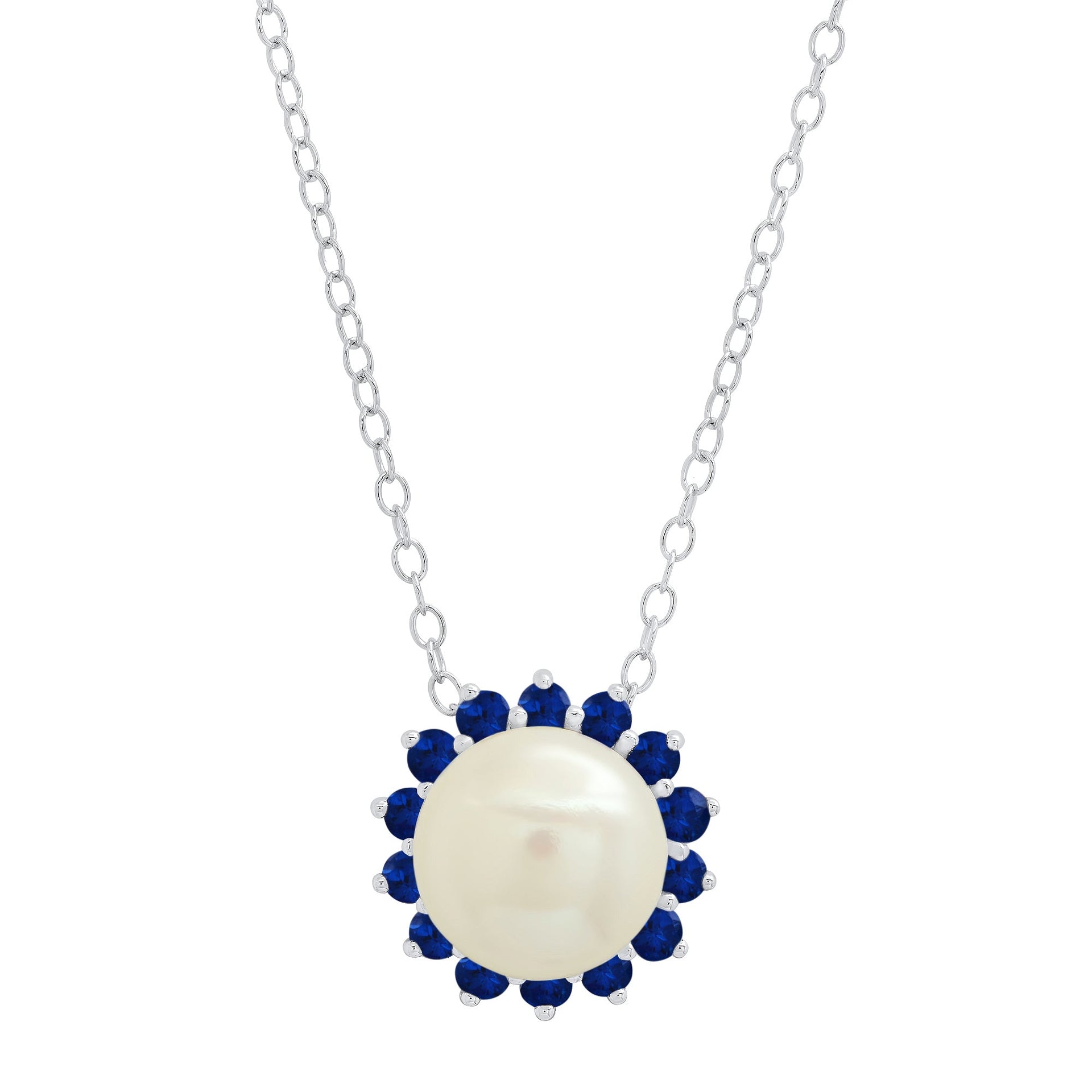 Sterling Silver 9MM Cultured Pearl and Created Blue Sapphire Pendant Necklace