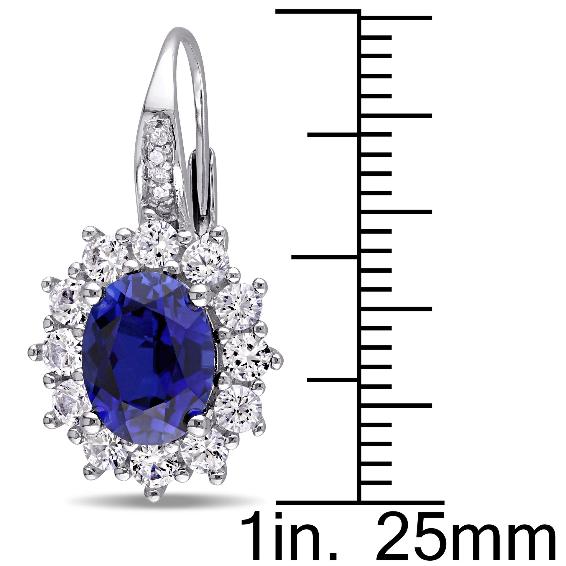 8.06 CT TGW Created Blue and White Sapphire and Halo Diamond Leverback Earrings in Sterling Silver