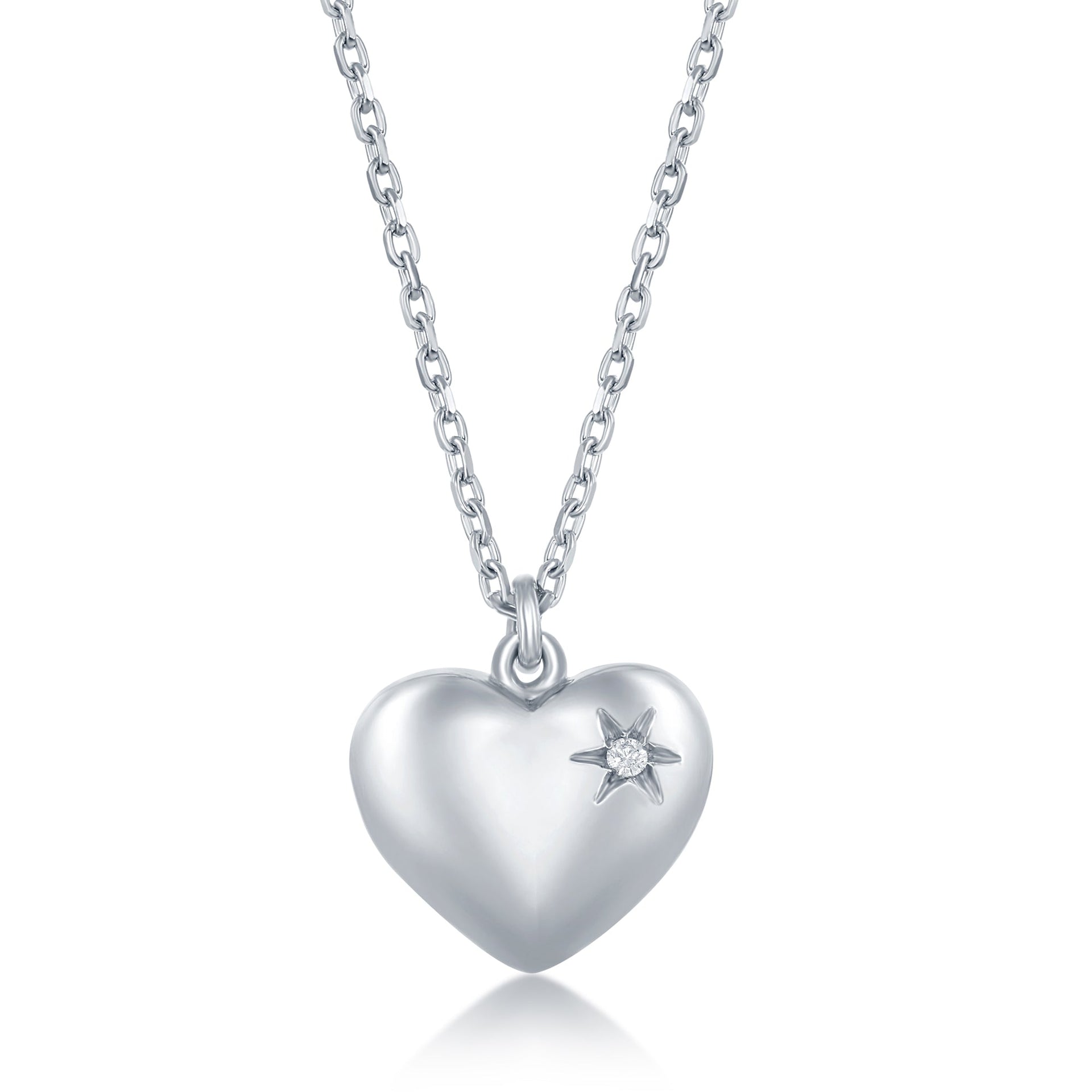 Sterling Silver 0.009cttw Diamond Puffed Heart Necklace