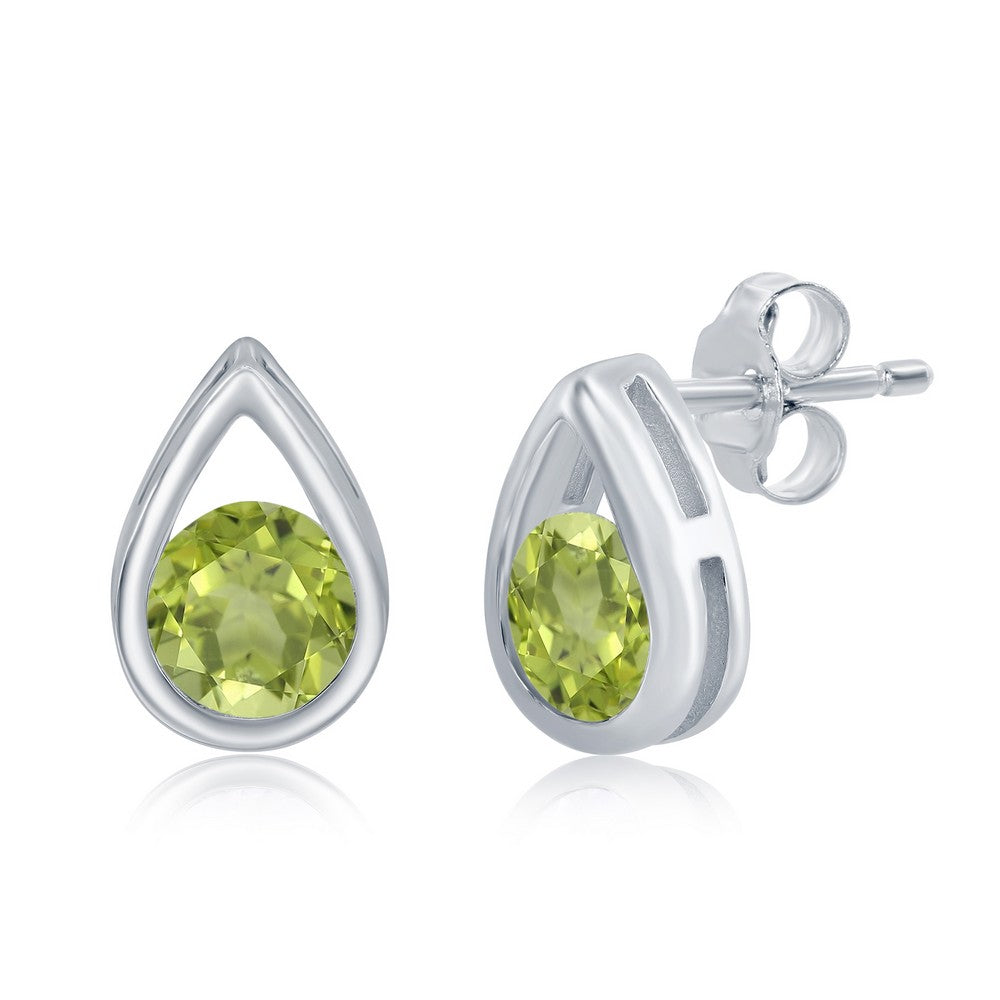 Sterling Silver Pearshaped Earrings W/Round 'August Birthstone' Gemstone Studs - Peridot