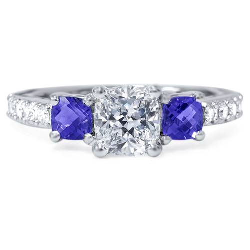 3.25ct Cushion Diamond & Treated Blue Sapphire Engagement Ring 14k Enhanced