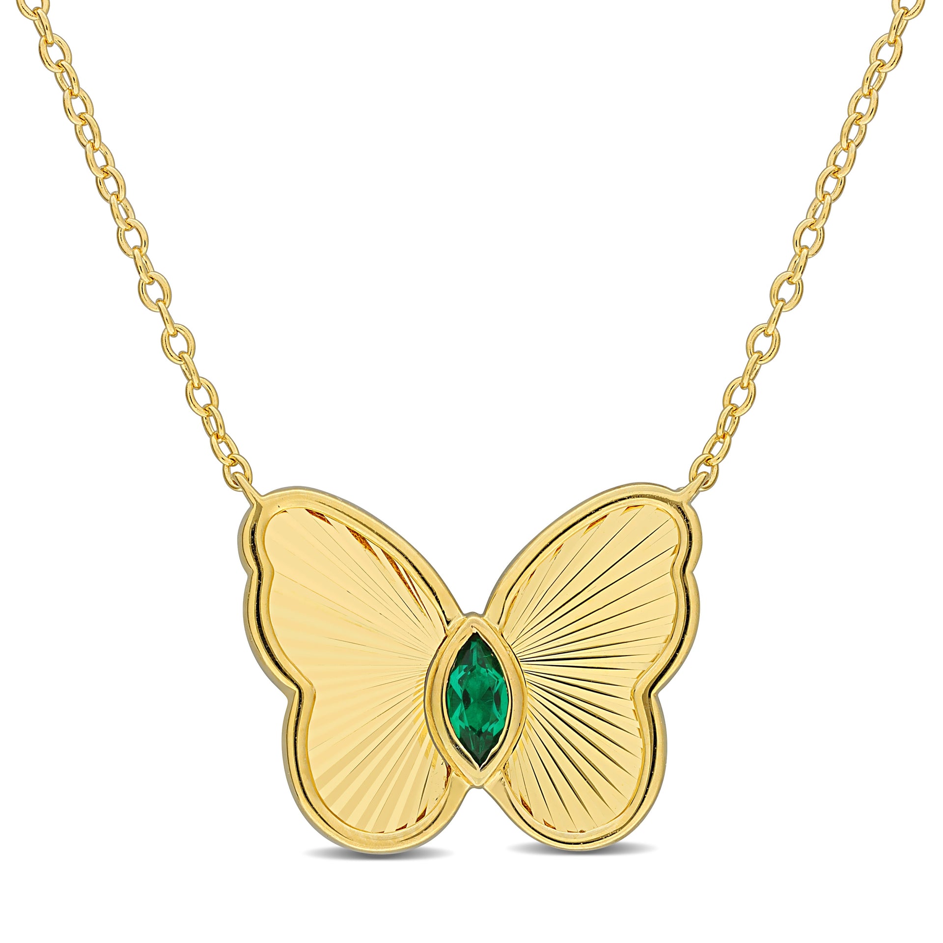 Mimi & Max 1/5ct TGW Created Emerald Butterfly Necklace in Yellow Silver-17in