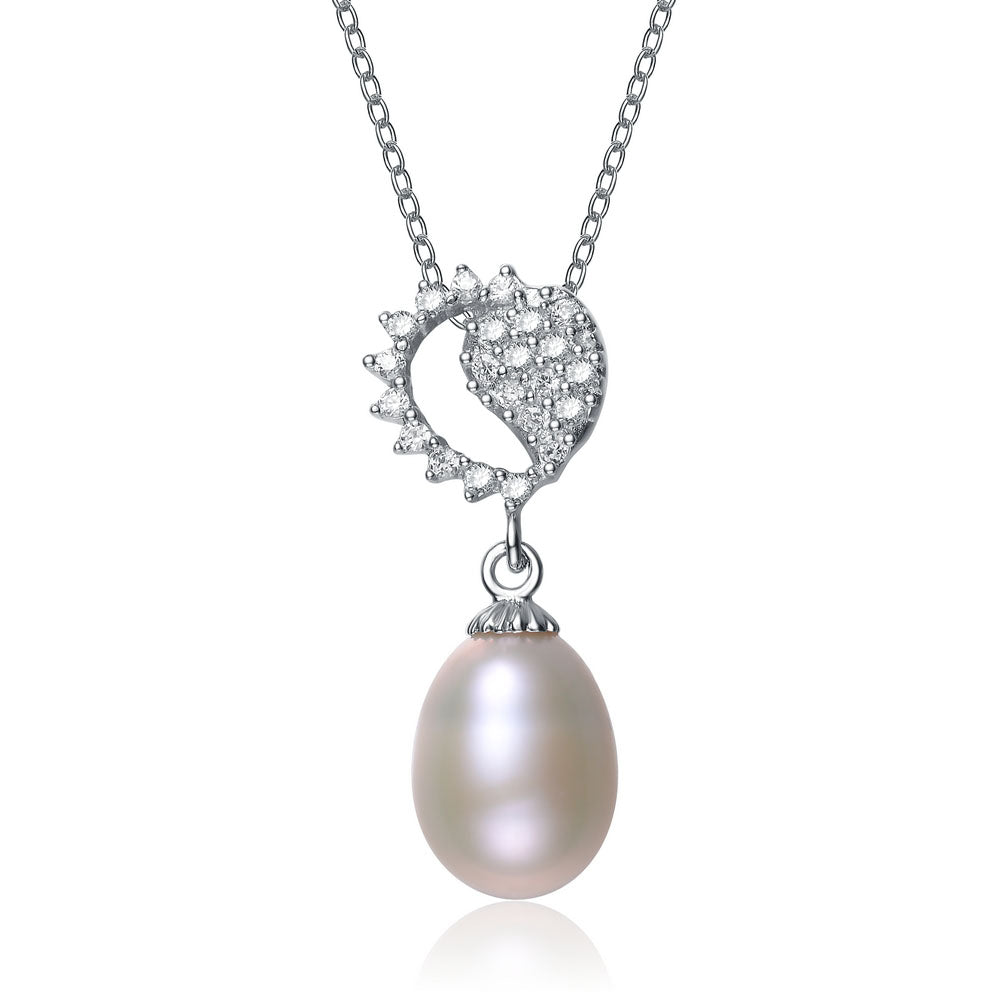 Gv Cz Sterling Silver Rhodium Plated Pearl Drop Pendant