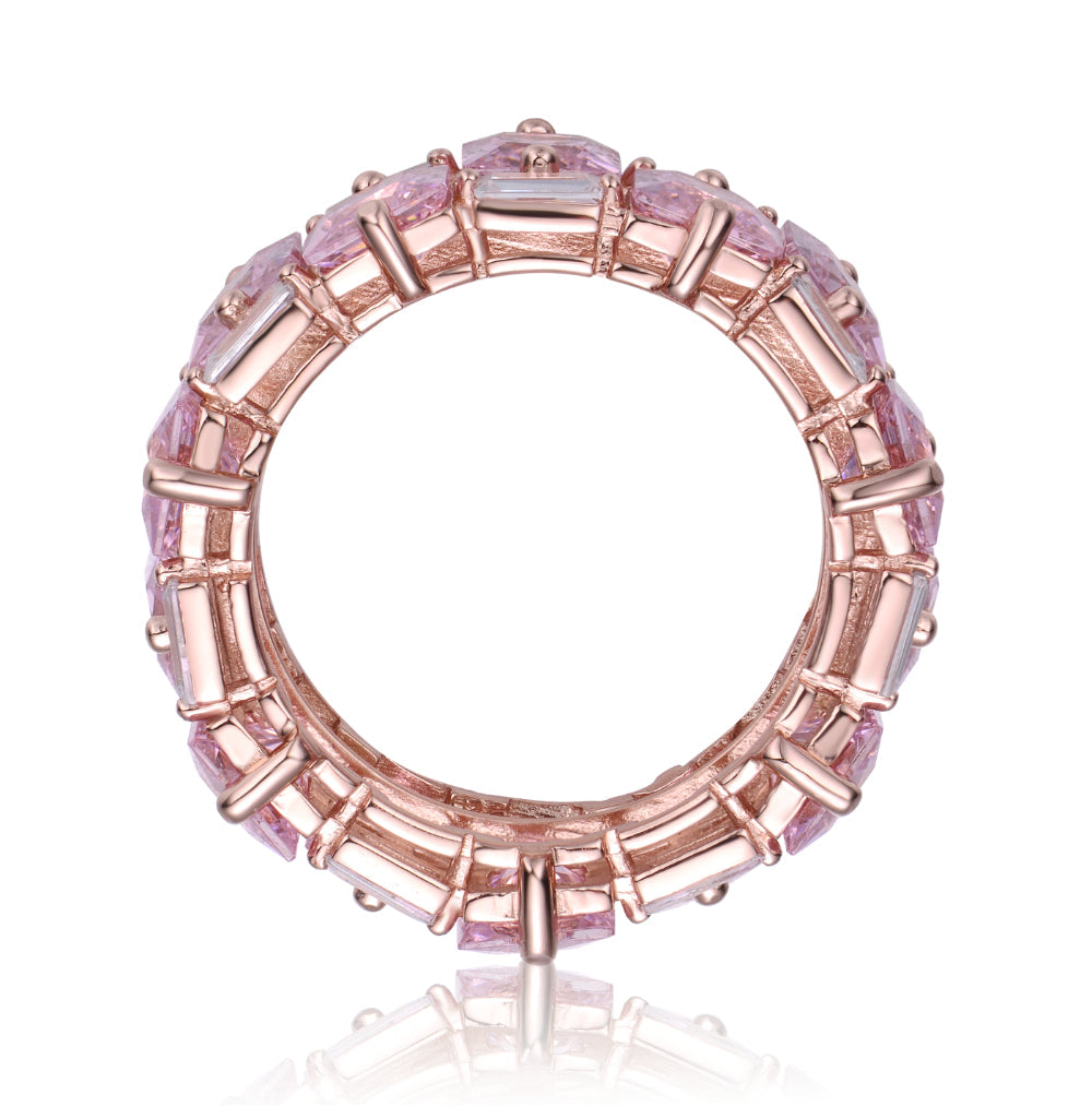 GV Sterling Silver 18k Rose Gold Plated with Pink Ice & Cubic Zirconia Chunky Double Row Eternity Band Ring