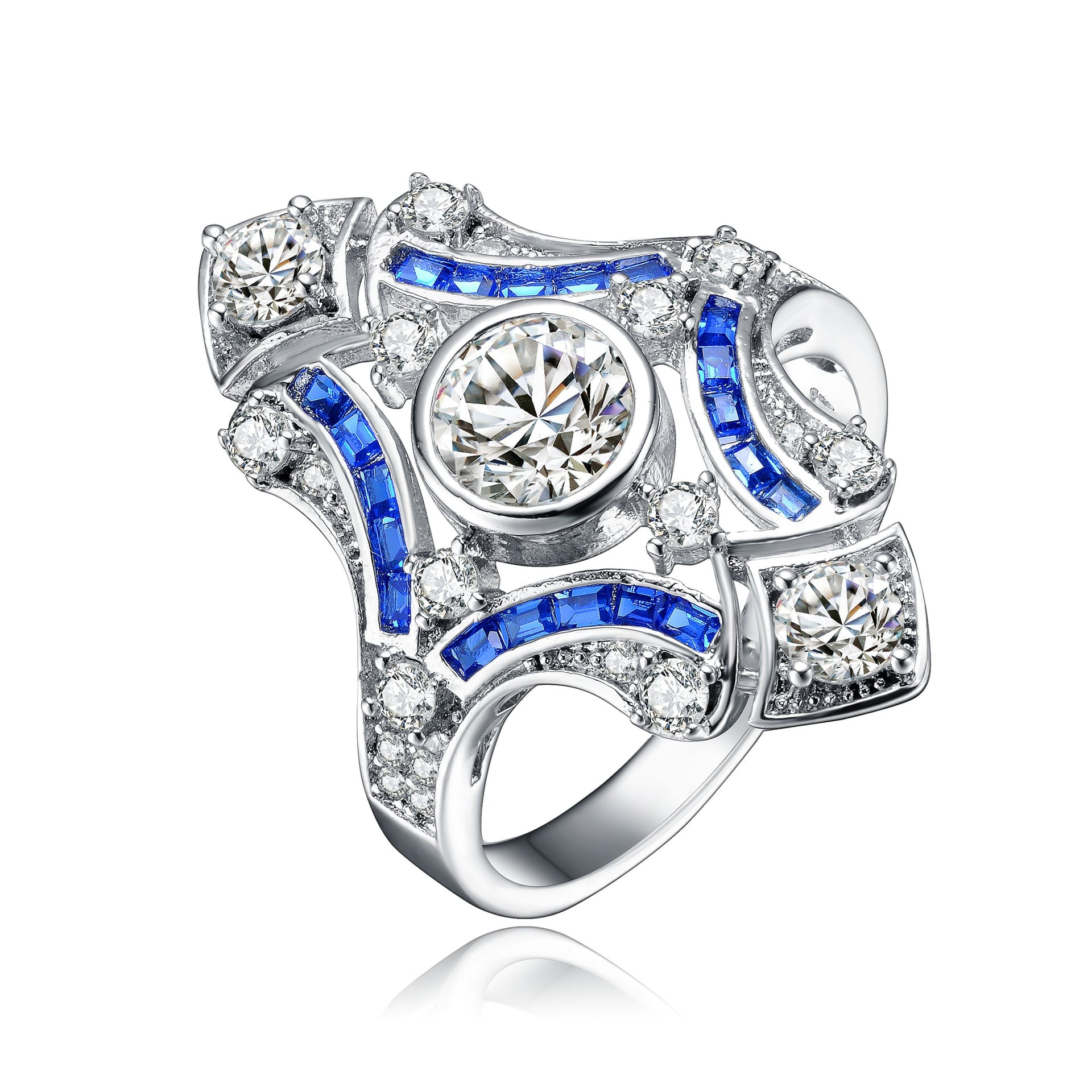 Sterling Silver Sapphire Cubic Zirconia Geometrical Coctail Ring
