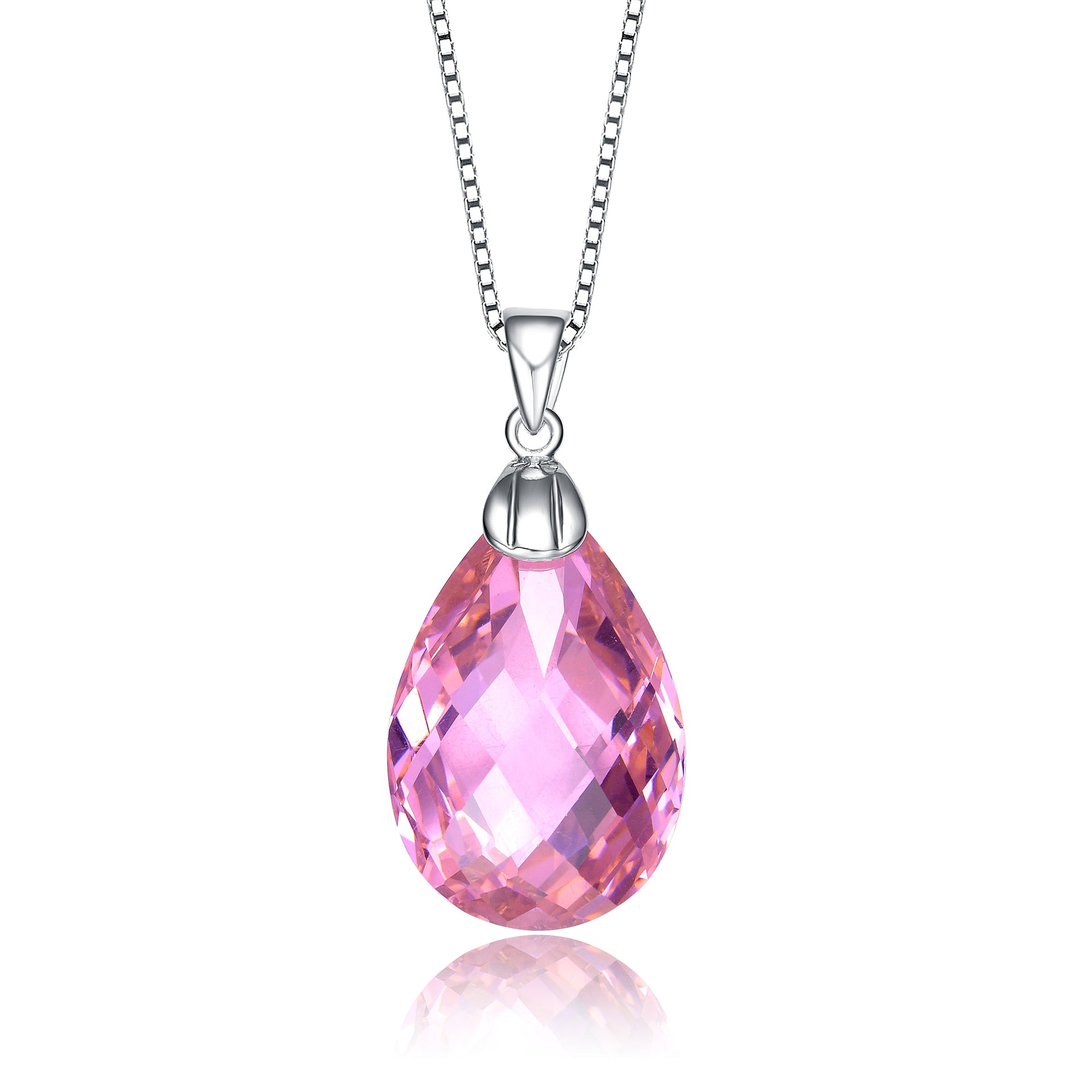 C.z. Sterling Silver Rhodium Plated Pink Teardrop Pendant