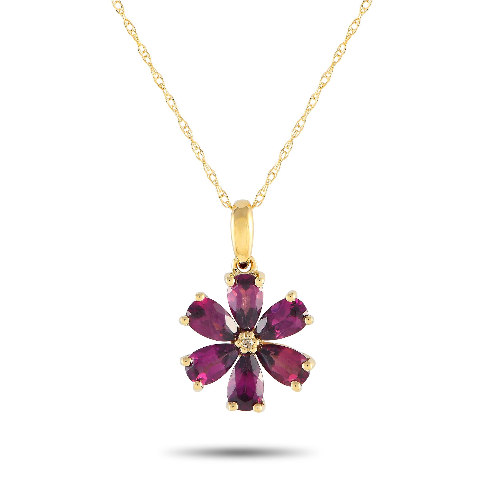 LB Exclusive 14K Yellow Gold 0.01ct Diamond and Rhodolite Flower Necklace PD4-15845YRHOD