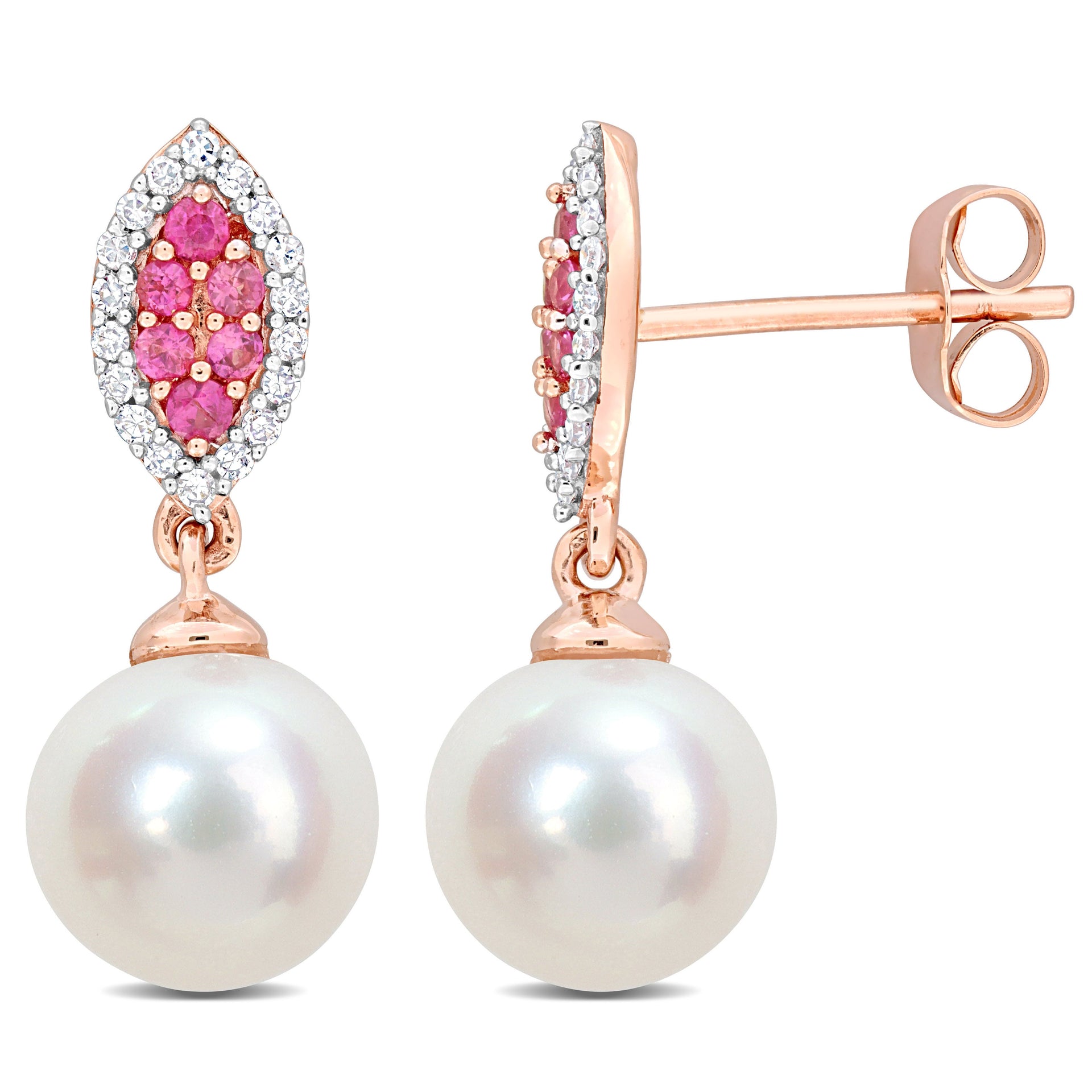 Mimi & Max 8mm Cultured Freshwater Pearl 1/7ct TDW Diamond & Pink Sapphire Marquise Earrings 14k Rose Gold