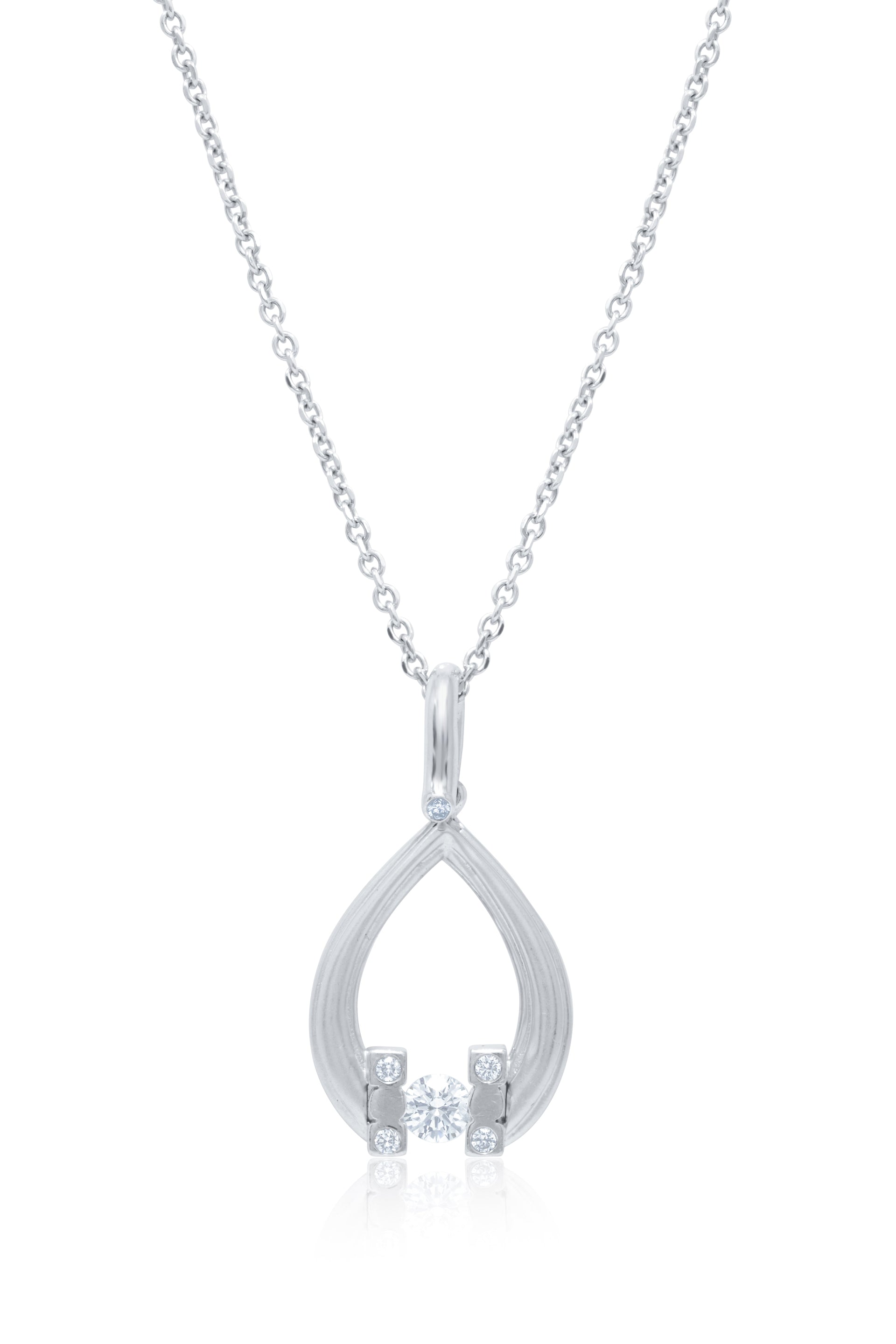 14kt white gold teardrop pendant featuring 0.63 ct center and 0.10 cts on the side