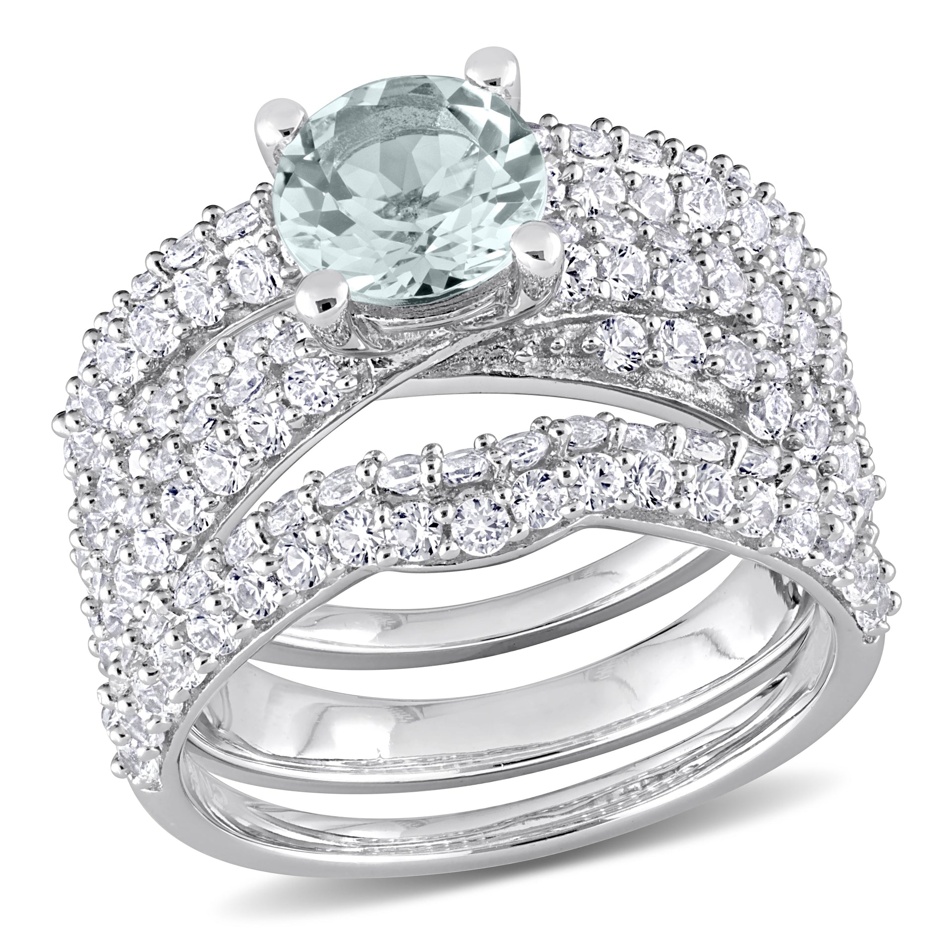 3 3/4 ct TW Aquamarine Created White Sapphire Bridal Ring Set in Sterling Silver