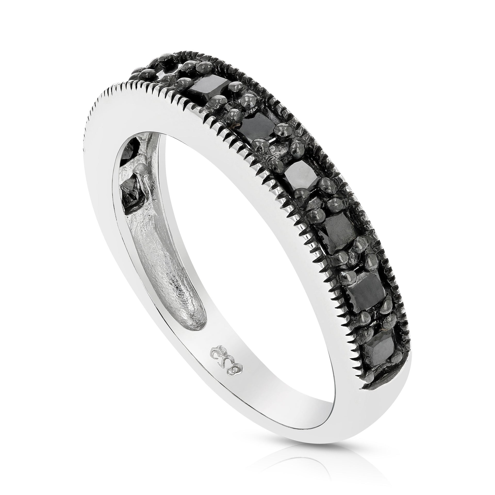 1/2 cttw Princess Cut Black Diamond Wedding Band .925 Sterling Silver Rhodium