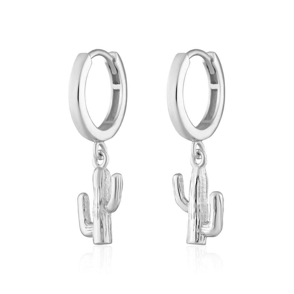 Silver Cactus Charm Hoop Earrings