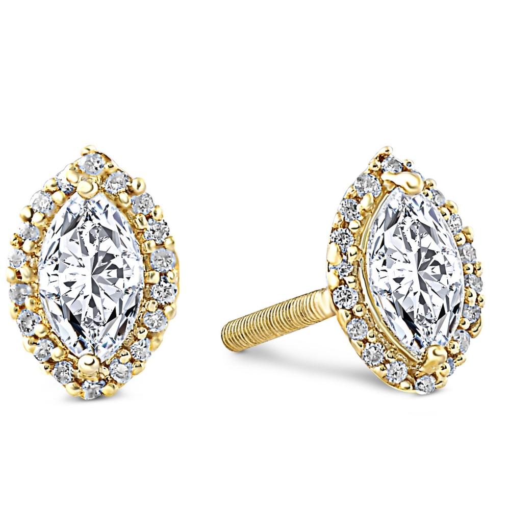 1/2 CT Marquise Halo Screw Back Diamond Studs White or Yellow Gold Earrings