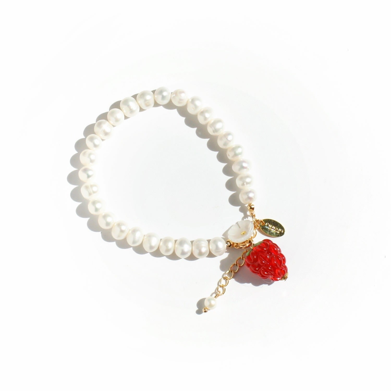 Very Berry Pearl Bracelet With Lampwork Glass Raspberry And Mother Of Pearl Flower Charm