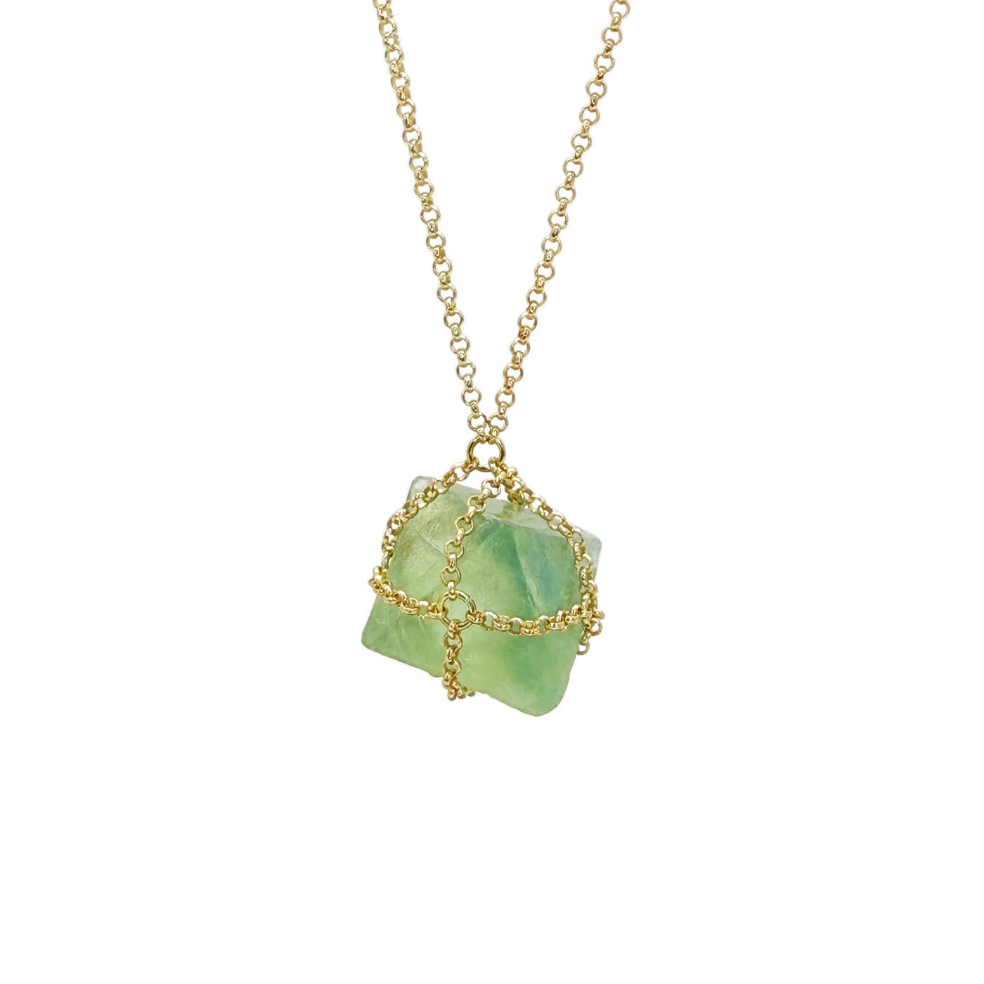 Caged Fluorite 14K Gold Brass Pendant