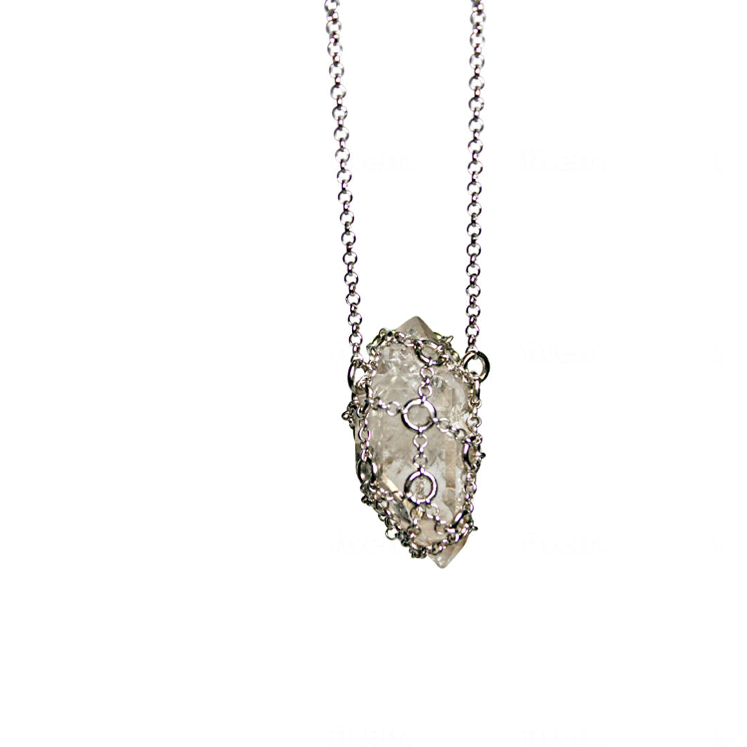 Silver Chain Caged Quartz Necklace