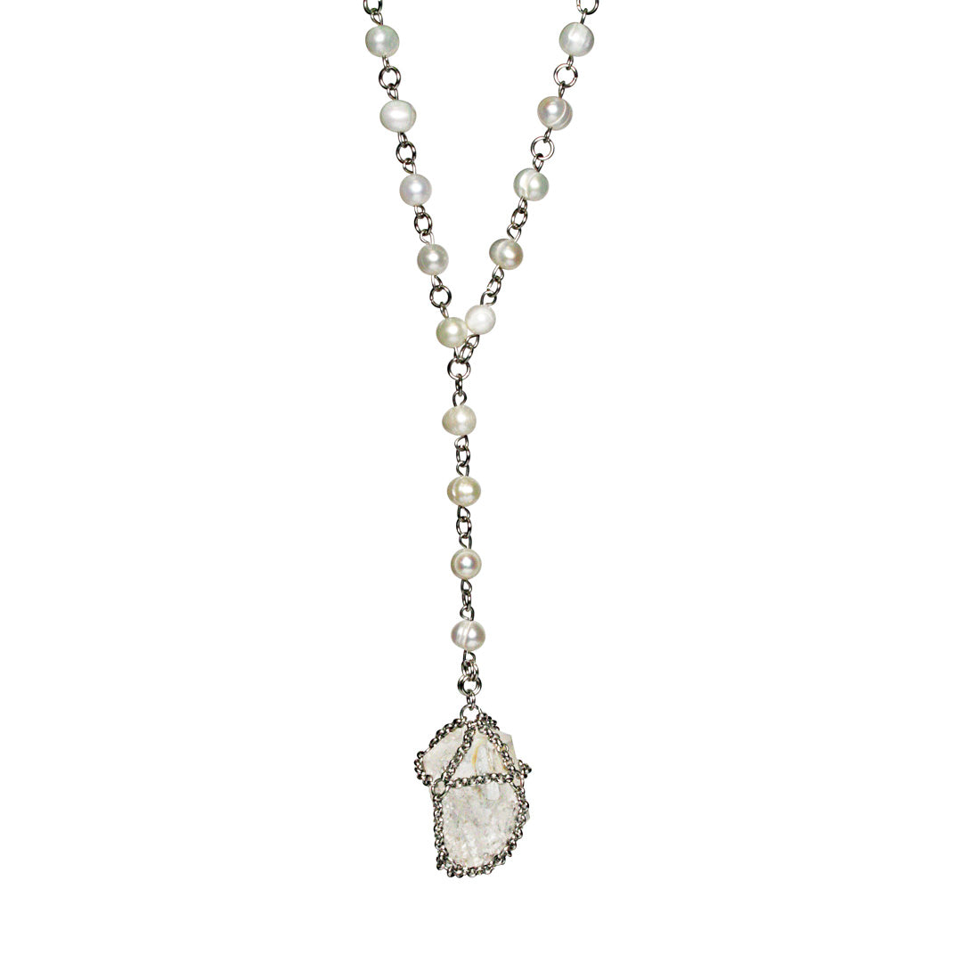 Caged Quartz Pearl Lariat
