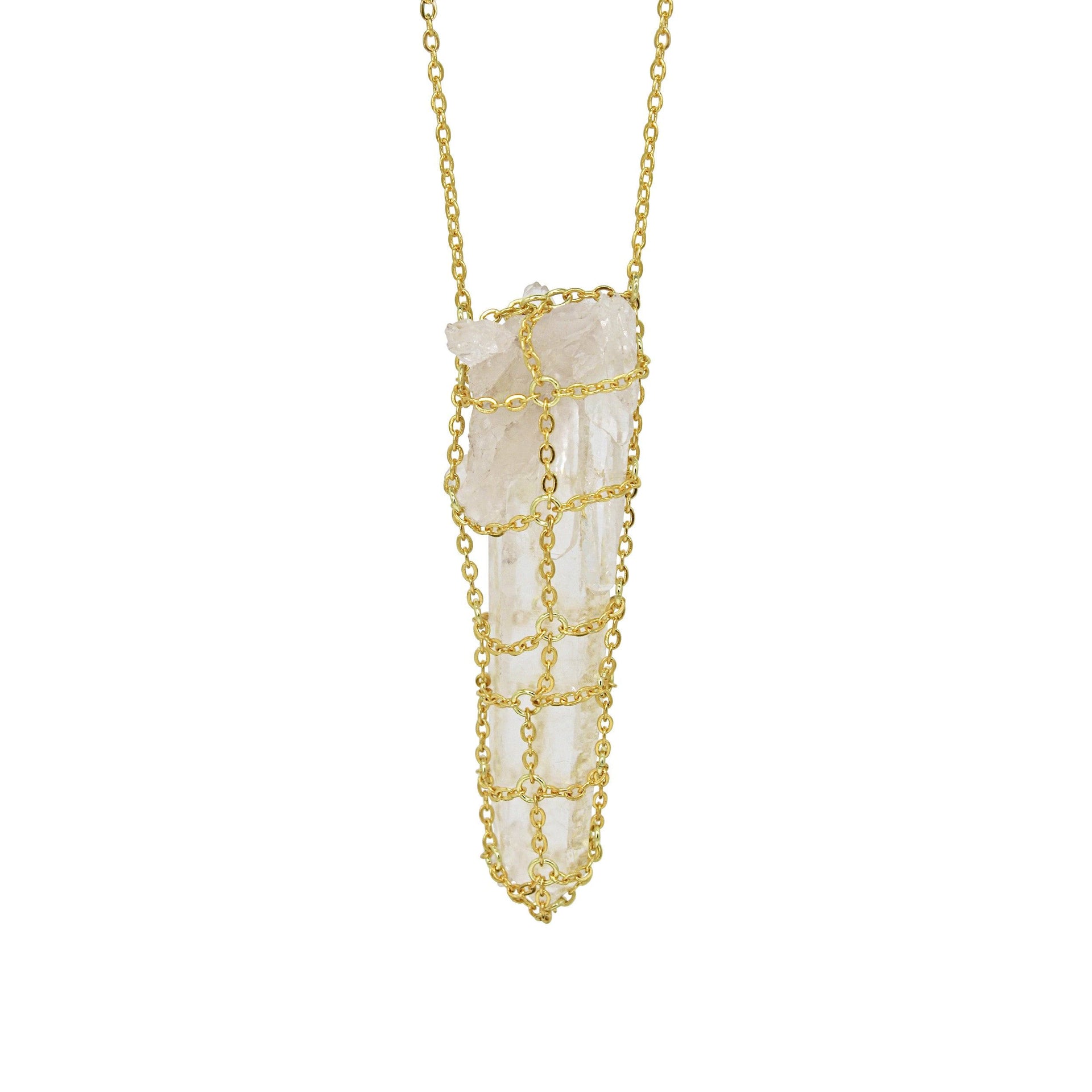 Caged Quartz Spike Gold Brass Necklace