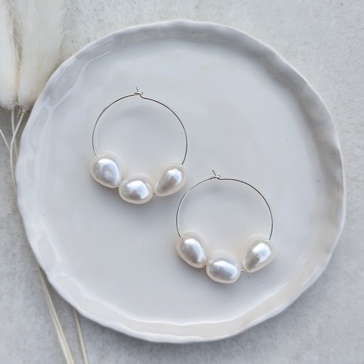 Callie Three Pearl Hoop Sterling Silver Earrings