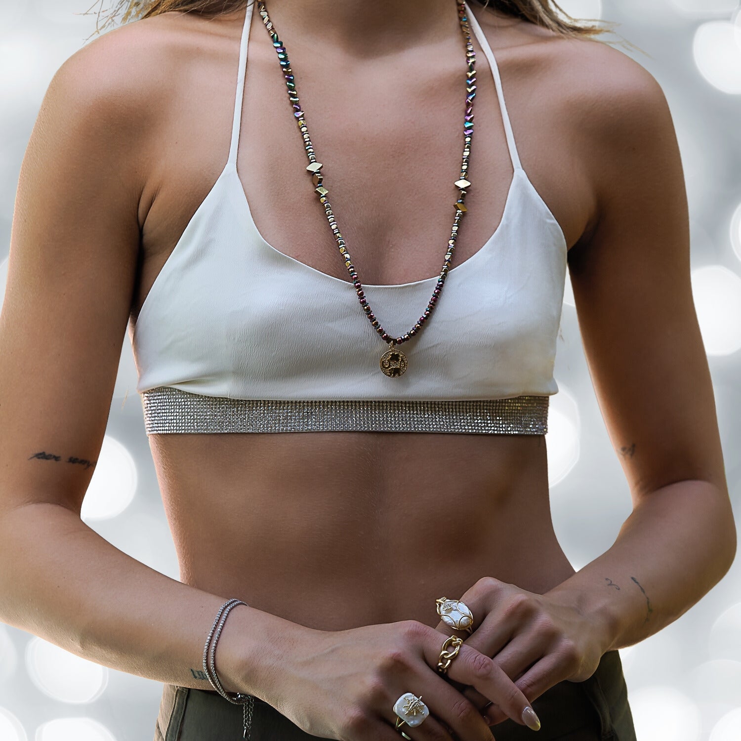 Protection & Luck Symbol Pendant Hematite Stone Beaded Necklace - Gold