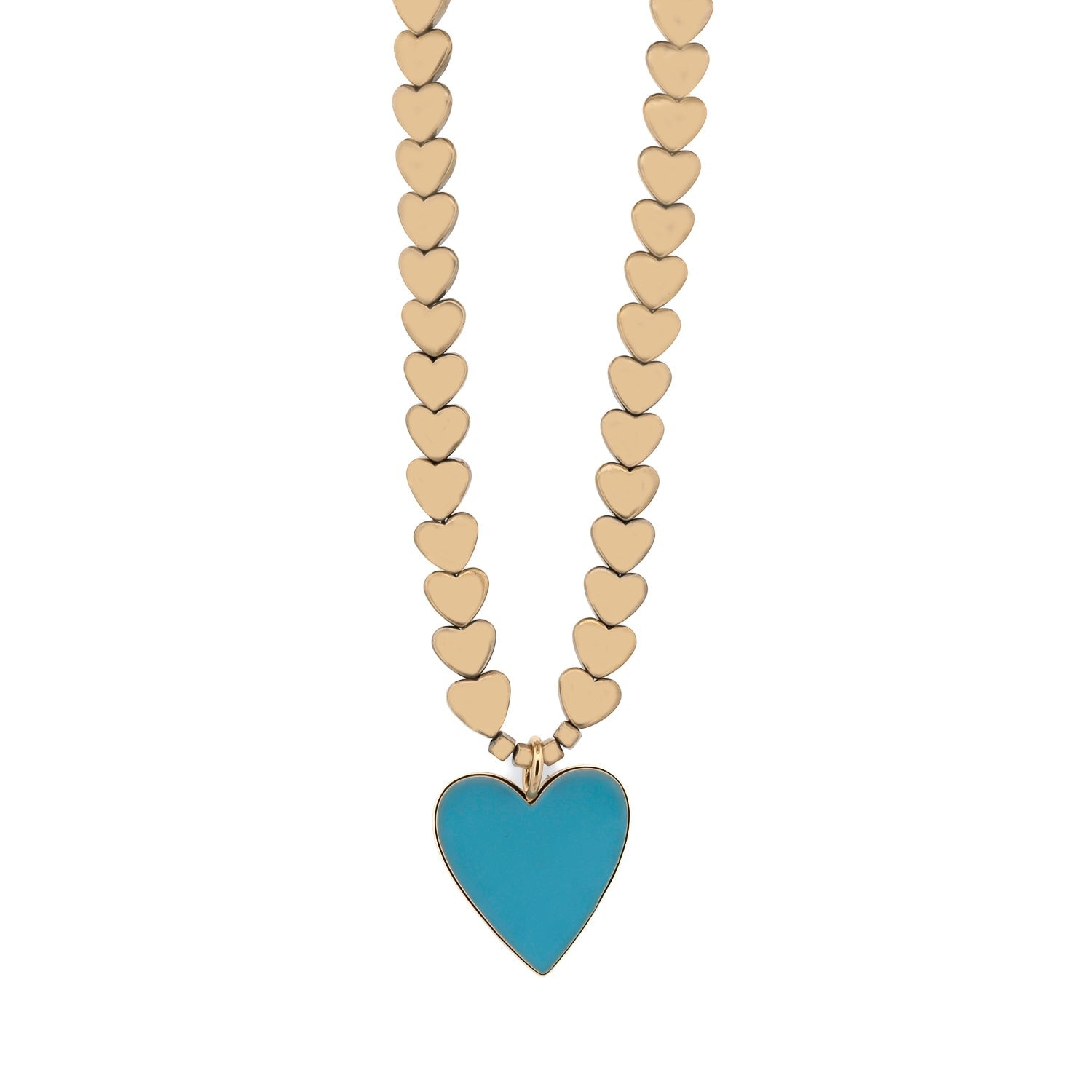 Calmness Blue Heart Pendant Gold Heart Beaded Necklace - Blue