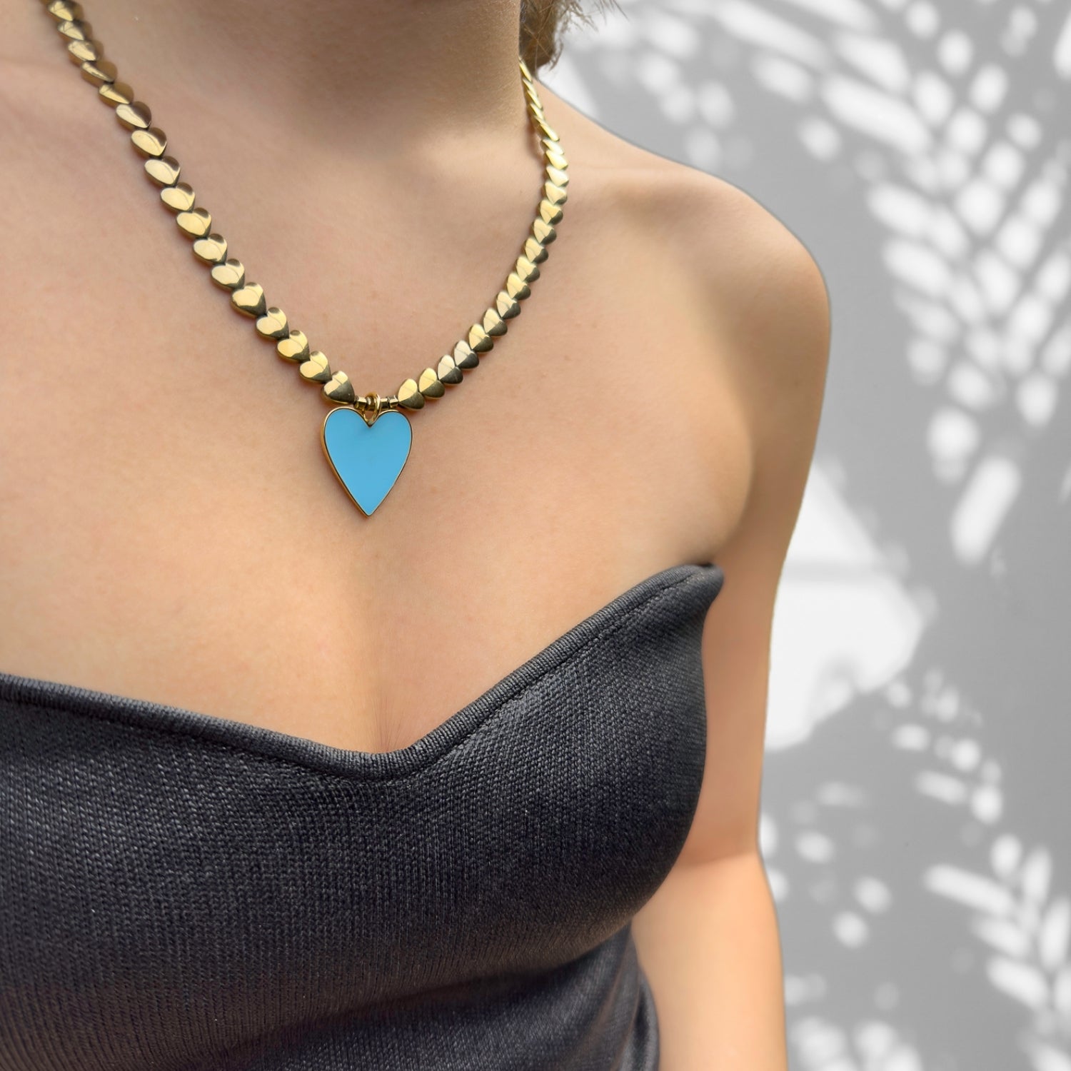 Calmness Blue Heart Pendant Gold Heart Beaded Necklace - Blue