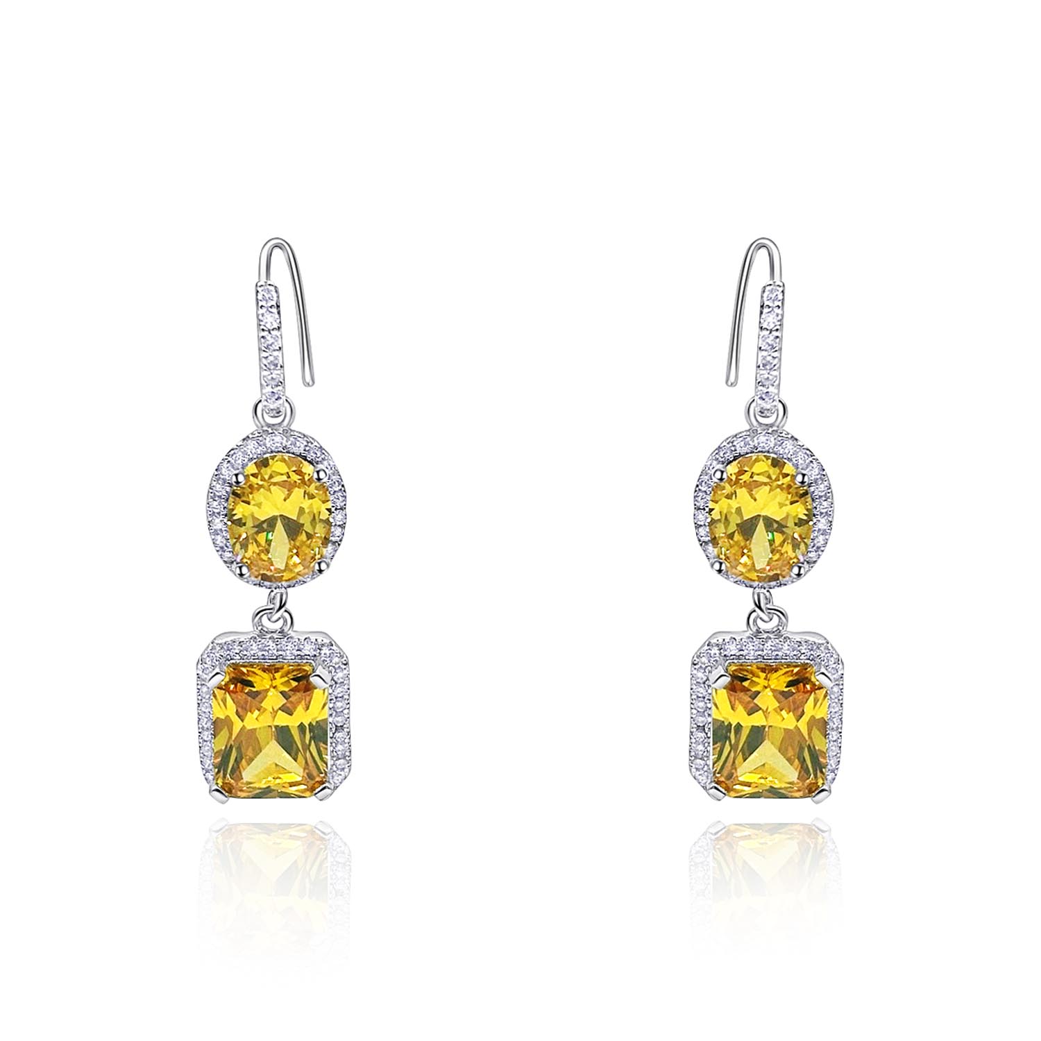 Canary Diamond Cubic Zirconium Oval And Emerald Shape Drop Earrings With Pave Cubic Zirconium Trimium Trim
