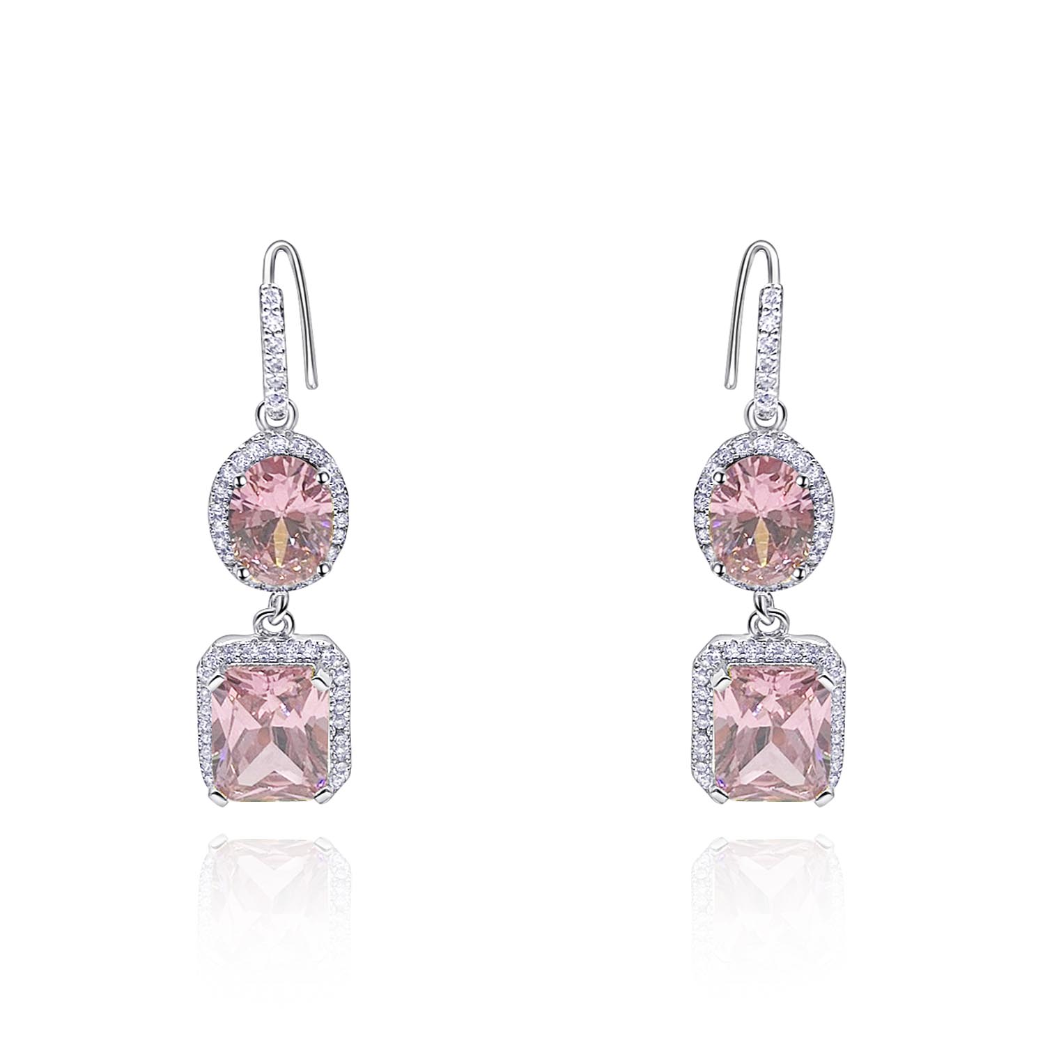 Pink Diamond Cubic Zirconium Oval And Emerald Shape Drop Earrings With Pave Cubic Zirconium Trim