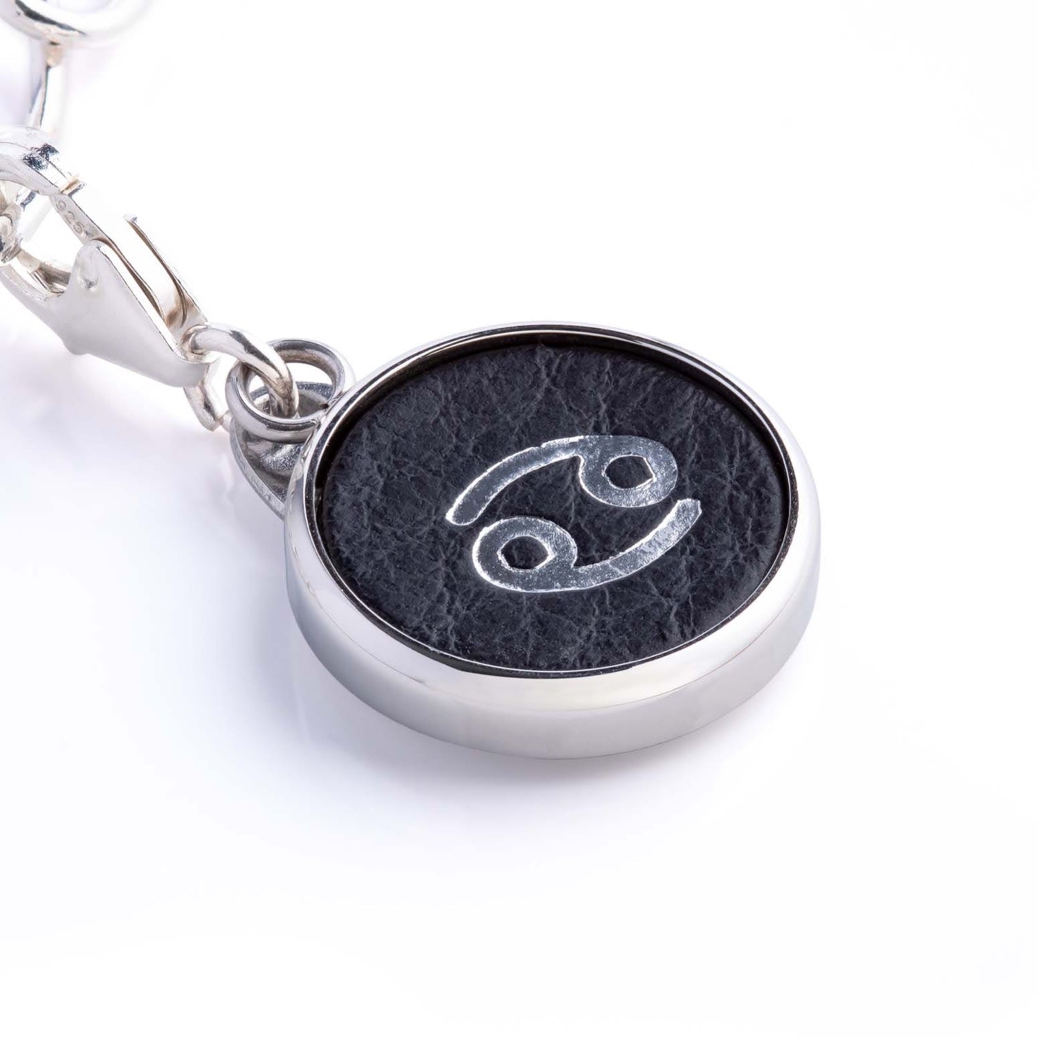 Cancerian Zodiac Sterling Silver & Leather Curb Bracelet