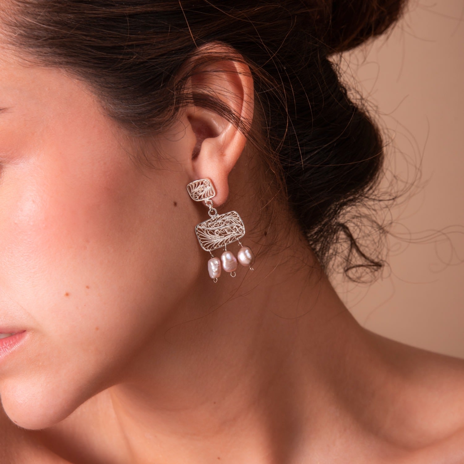 Candelita Three Pearl Silver Earrings