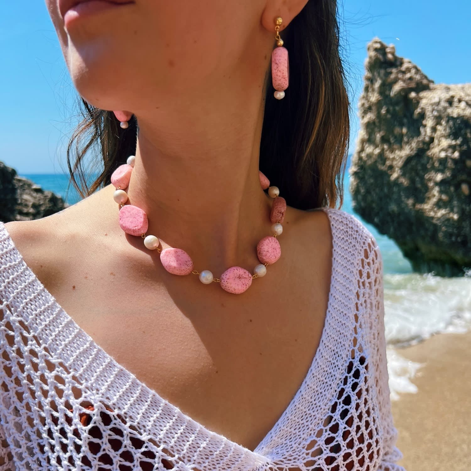 Lunara Coral & Pearl Beaded Necklace