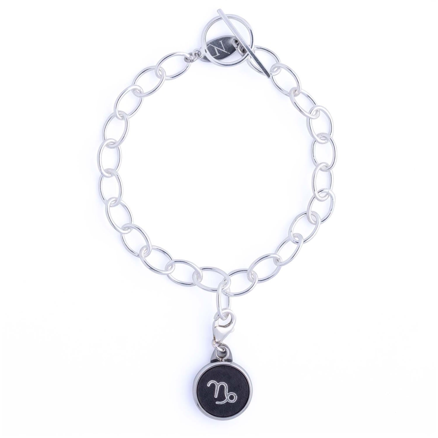 Capricorn Zodiac Sterling Silver & Leather Curb Bracelet