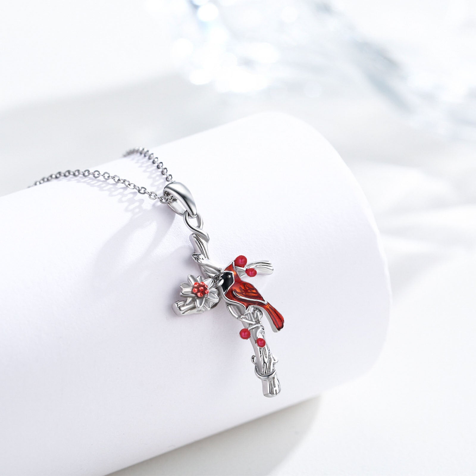 Sterling Silver Cardinal & Wildflowers Cross Pendant Necklace for Women