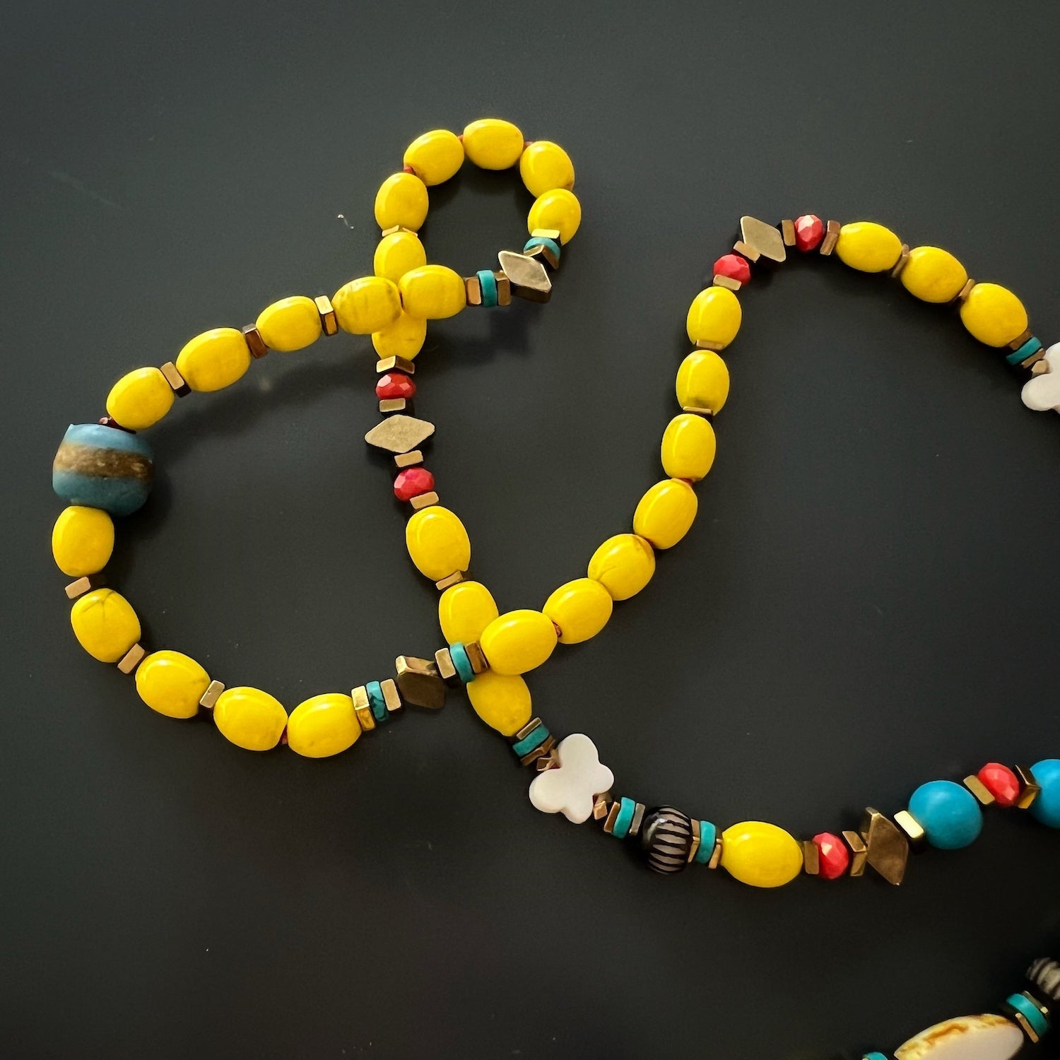 African Beads Lucky Elephant Yellow Evil Eye Colorful Beaded Necklace - Yellow