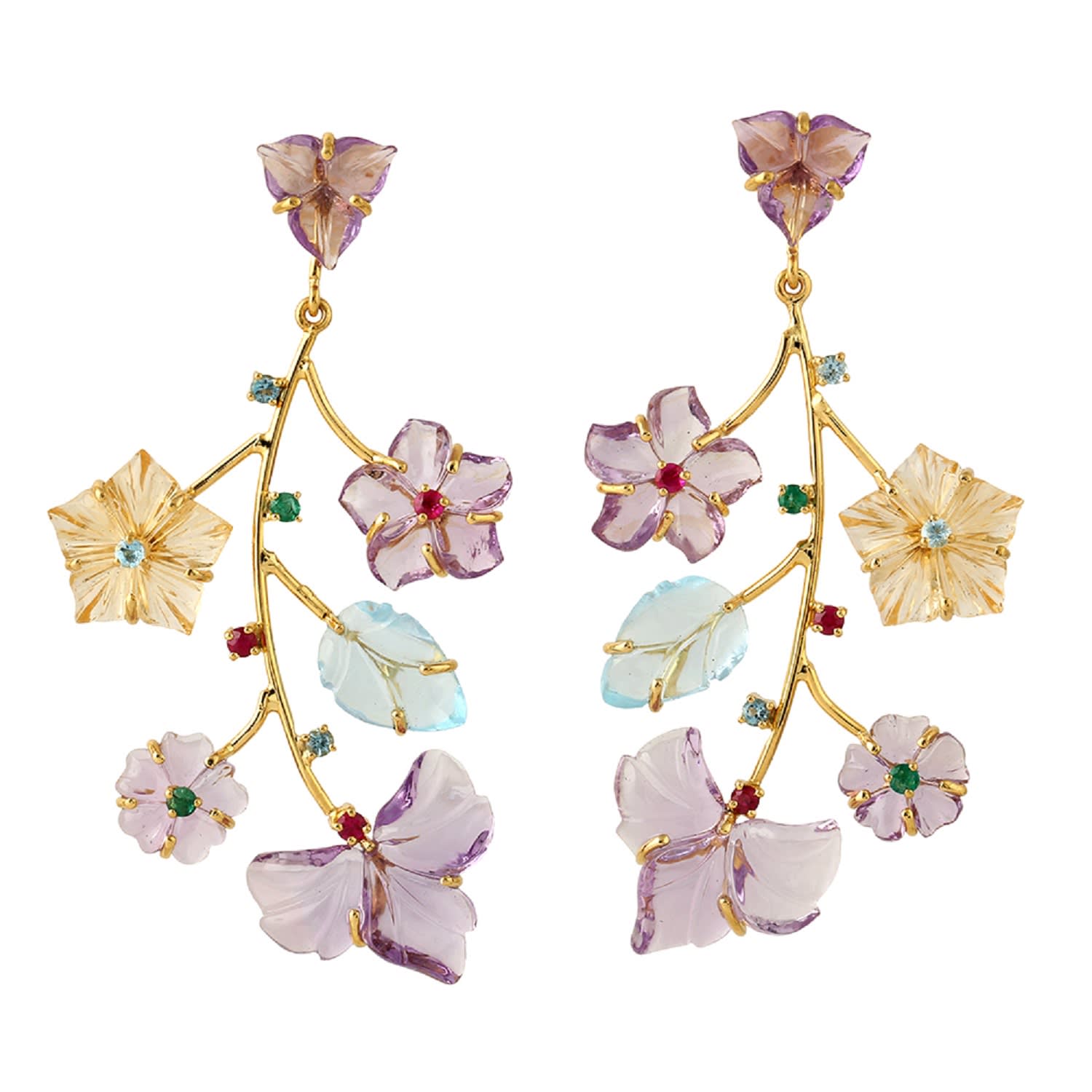 Carved Amethyst & Multi-Gemstone Chandelier Earrings In Gold – Floral Statement Fine Jewelry