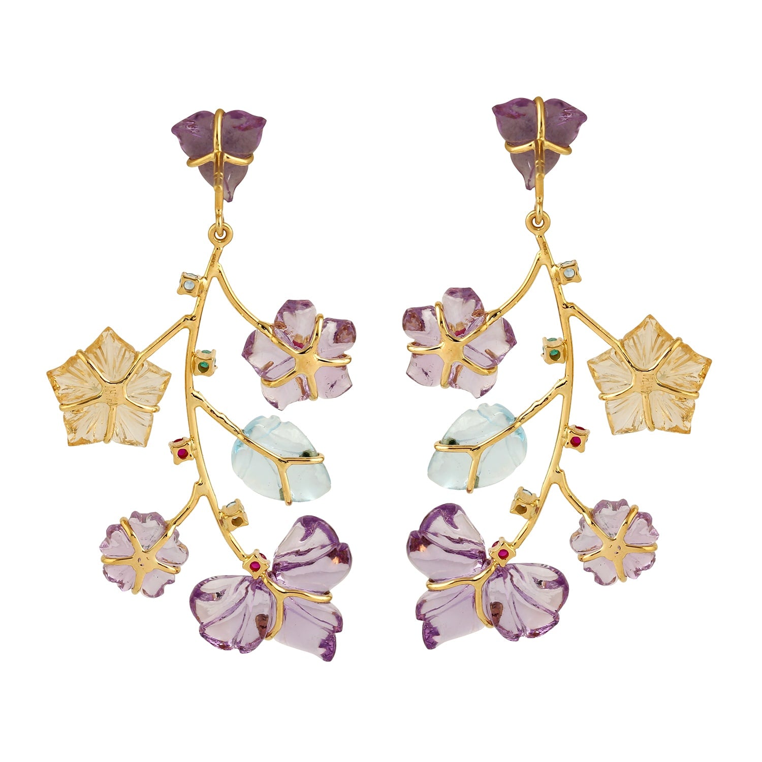 Carved Amethyst & Multi-Gemstone Chandelier Earrings In Gold – Floral Statement Fine Jewelry