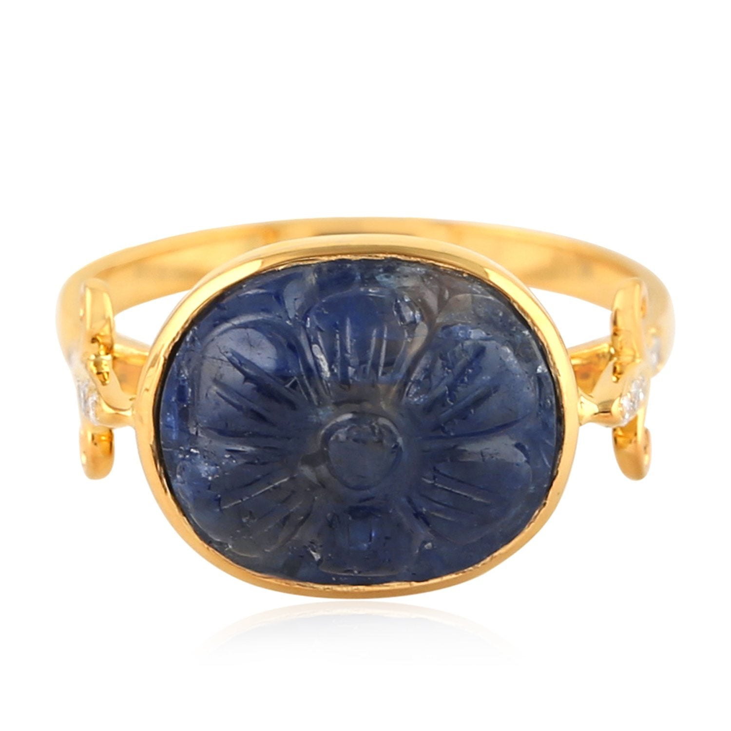 Carved Blue Sapphire Gemstone Prong Diamond Cocktail Ring In 14K Yellow Gold