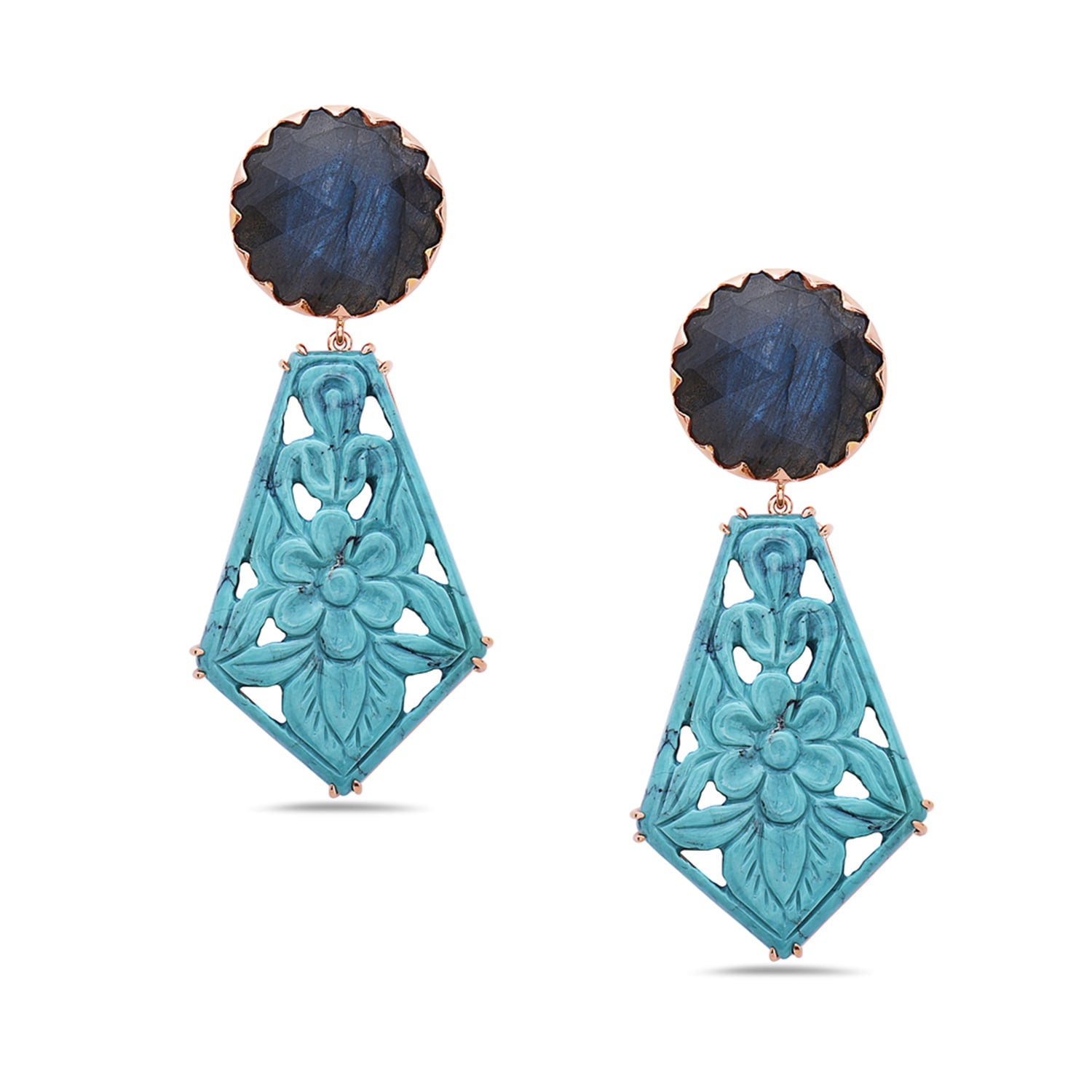 Carved Chrysocolla & Labradorite Gemstone Dangle Earrings In 14K Rose Gold