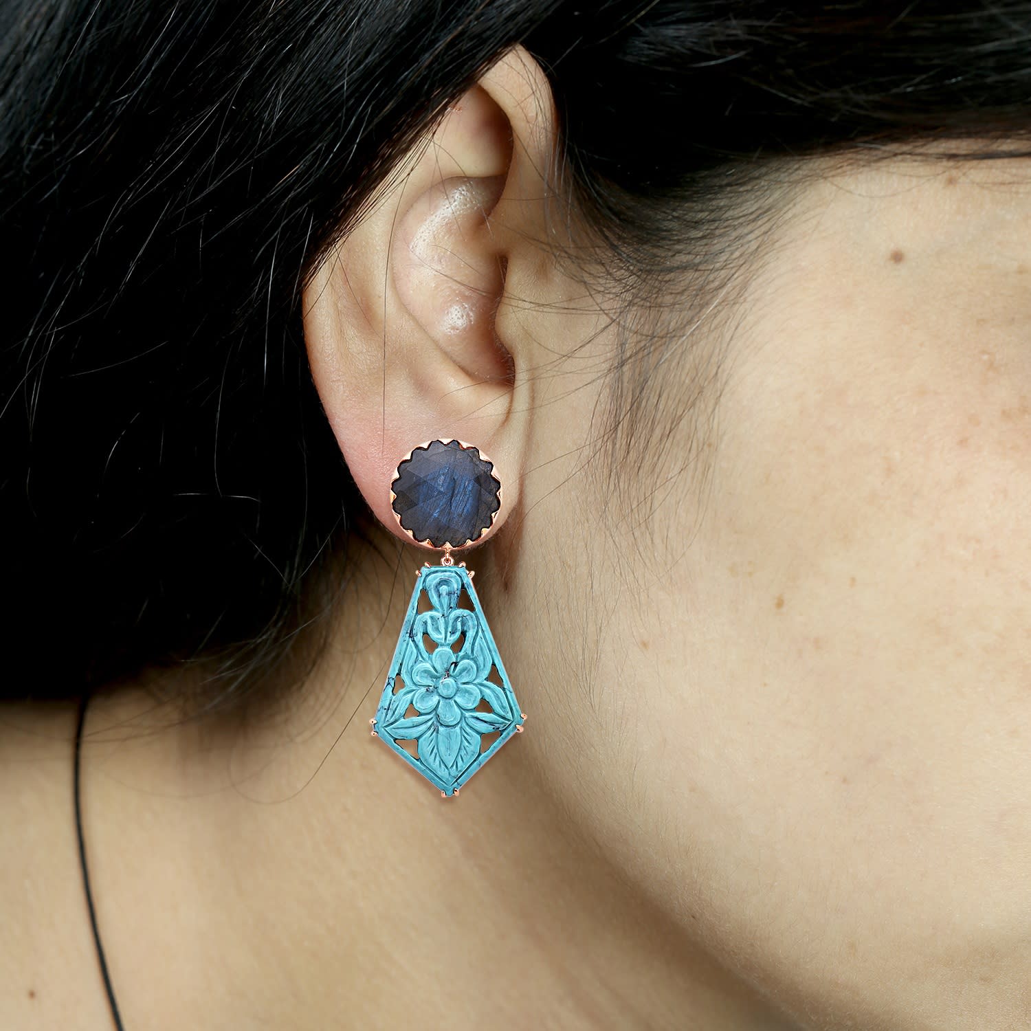 Carved Chrysocolla & Labradorite Gemstone Dangle Earrings In 14K Rose Gold