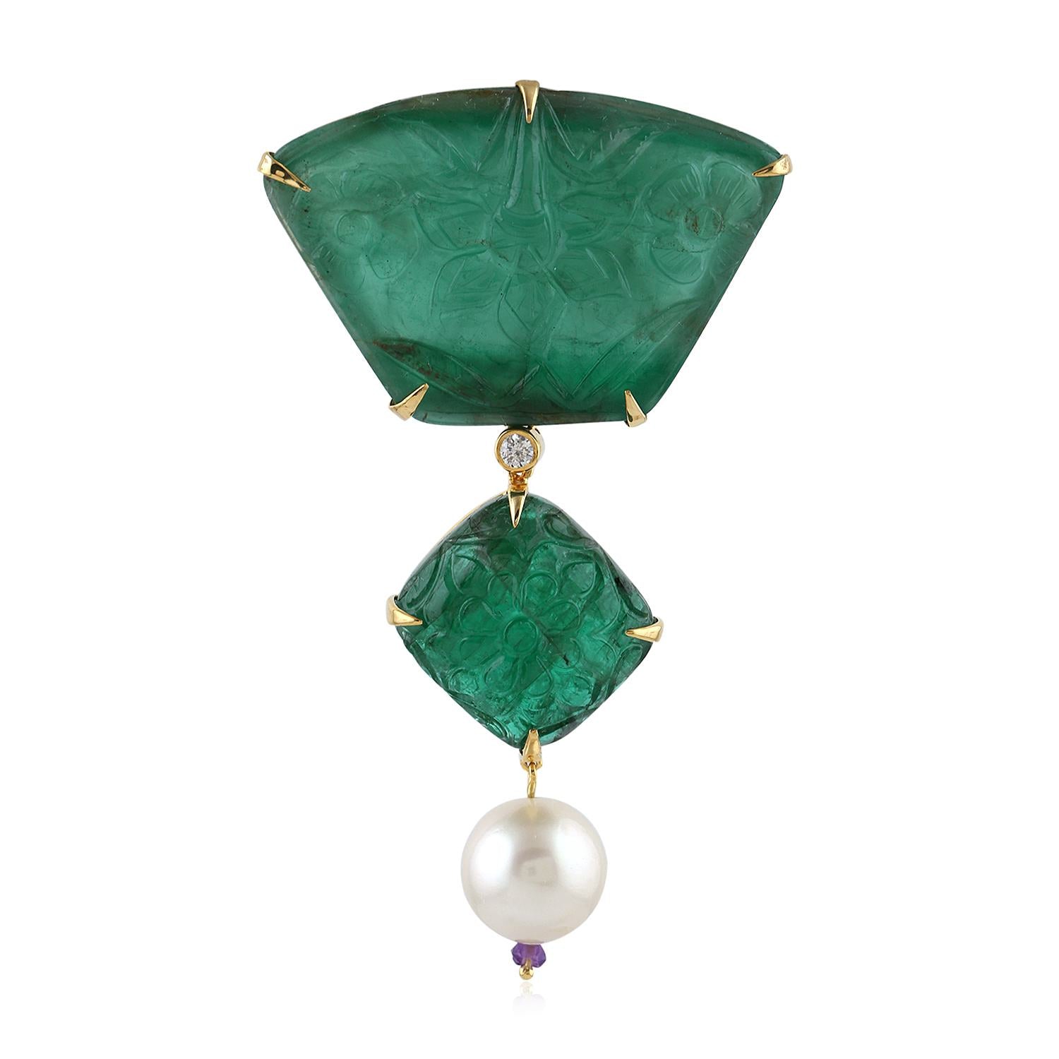 Carved Emerald & Amethyst Pearl Pendant In Gold – Prong Diamond Designer Fine Jewelry