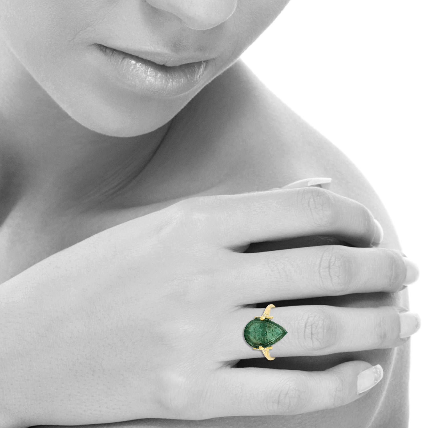 Carved Emerald Pave Diamond Cocktail Ring In 18K Yellow Gold – Designer Fine Jewelry