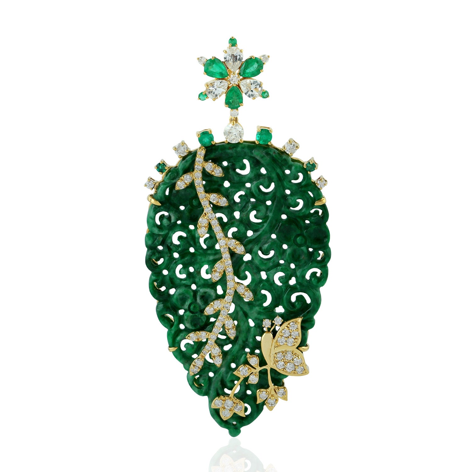 Carved Jade Butterfly Pendant In Gold – Emerald, White Sapphire & Pavé Diamond Designer Jewelry