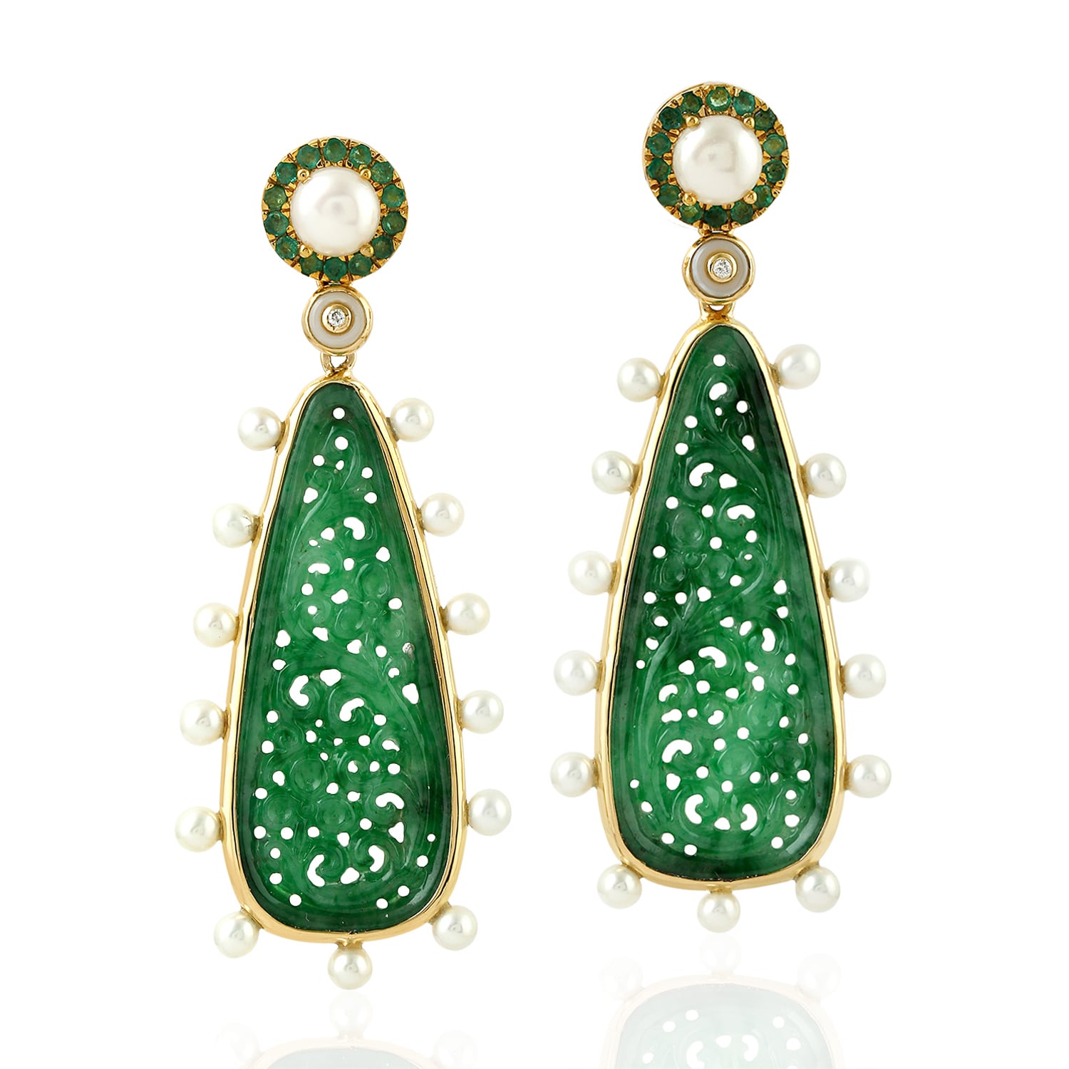 Carved Jade, Emerald Bead & Pearl Dangle Earrings With Pave Diamonds In Gold