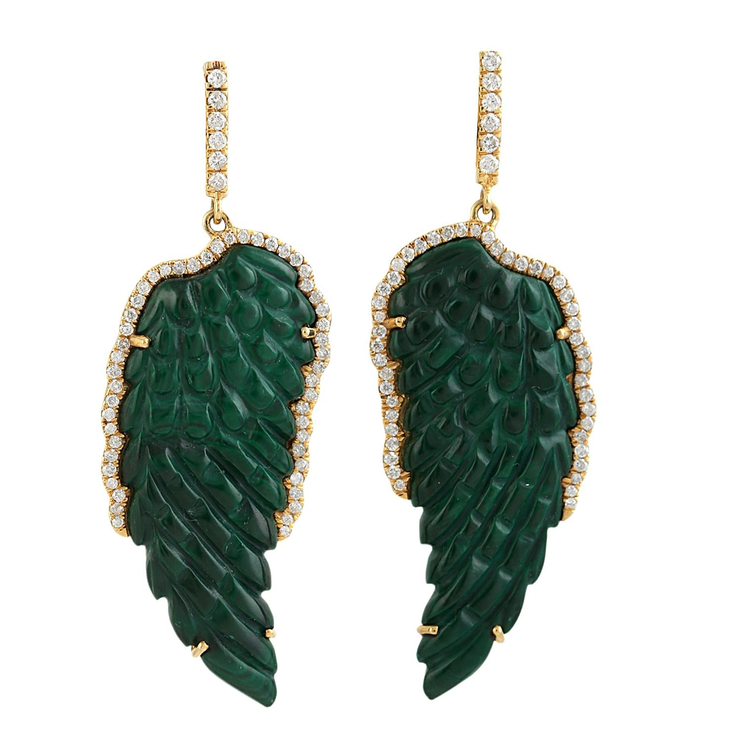 Natural Carved Malachite & Diamond Feather Earrings In Yellow Gold