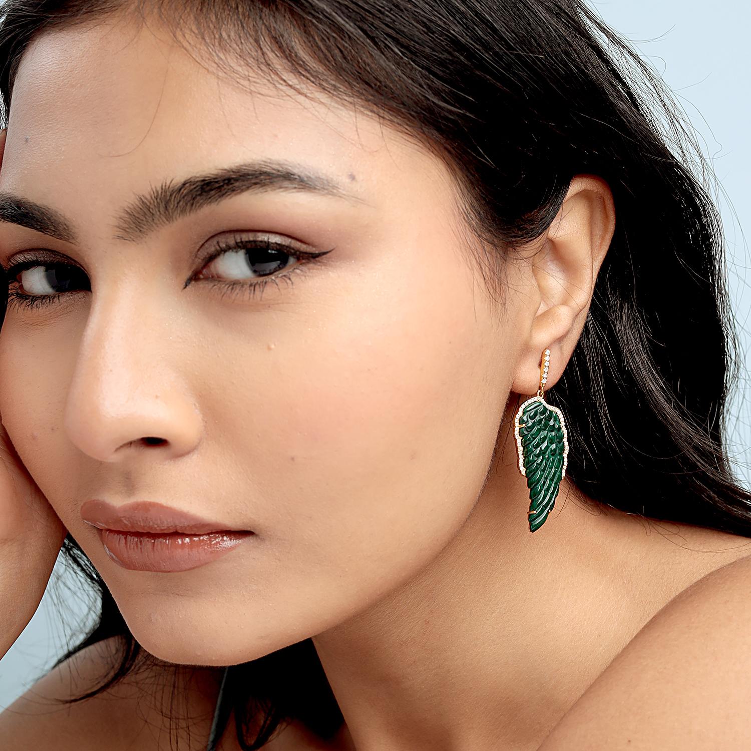 Natural Carved Malachite & Diamond Feather Earrings In Yellow Gold
