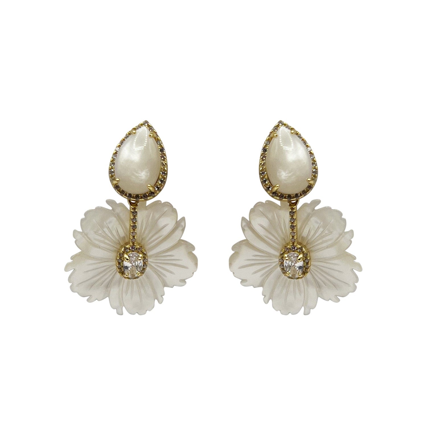 Carved Mother Of Pearl Floral Drop Earrings With Pear-Shaped Top