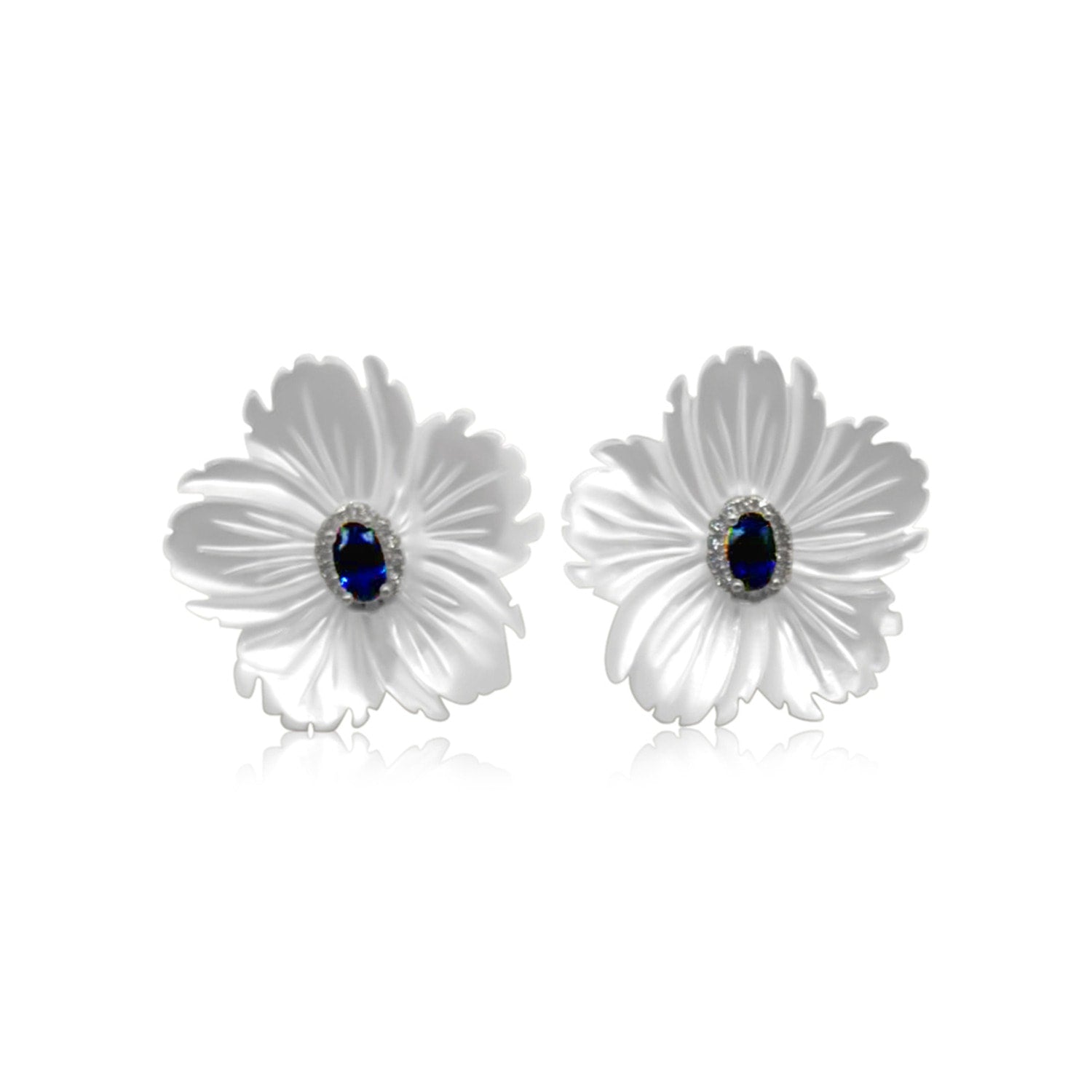 Carved Mother Of Pearl Flowers With Cubic Zirconium Sapphire Center