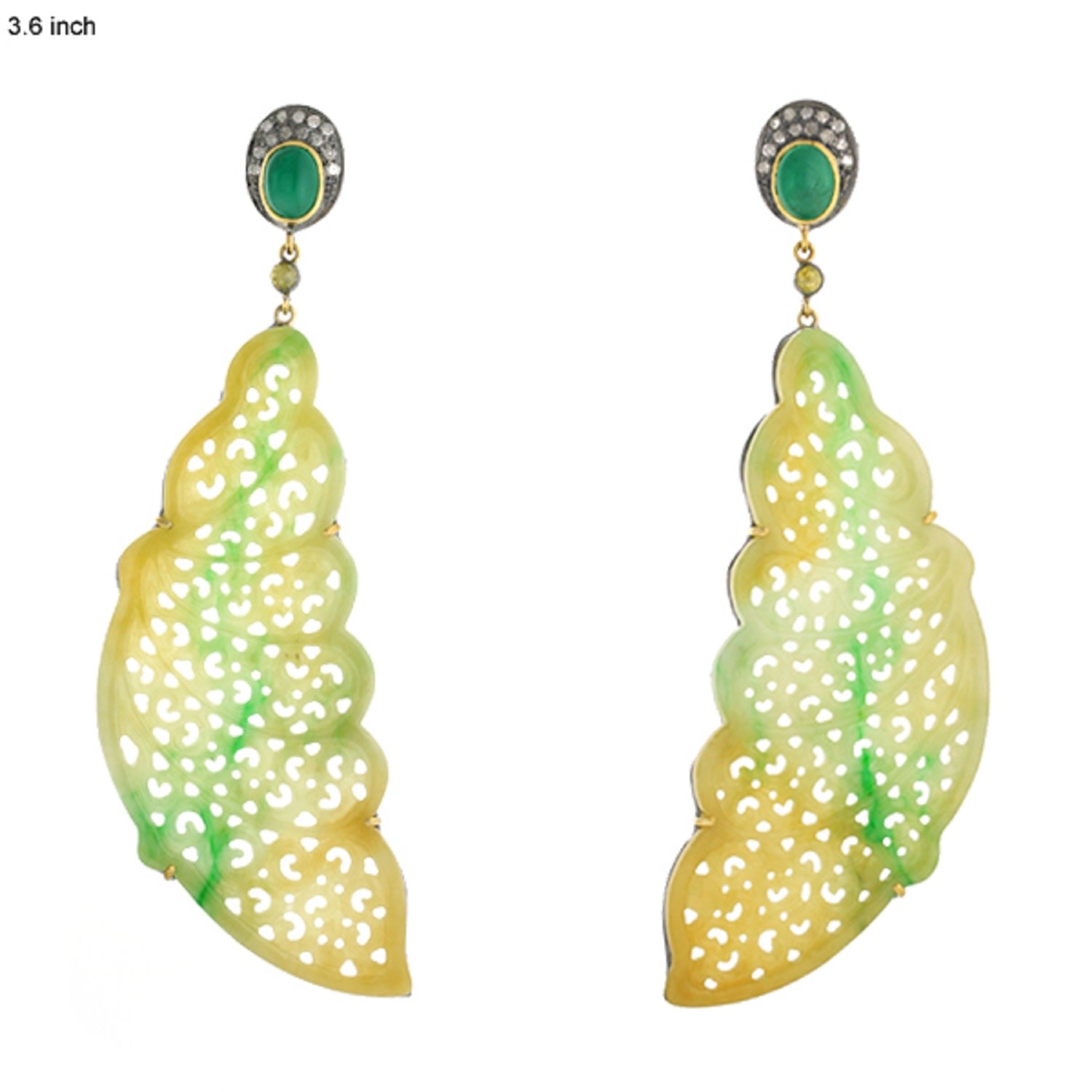 Carved Multi-Jade & Emerald Gemstone Pavé Diamond Dangle Earrings In Gold