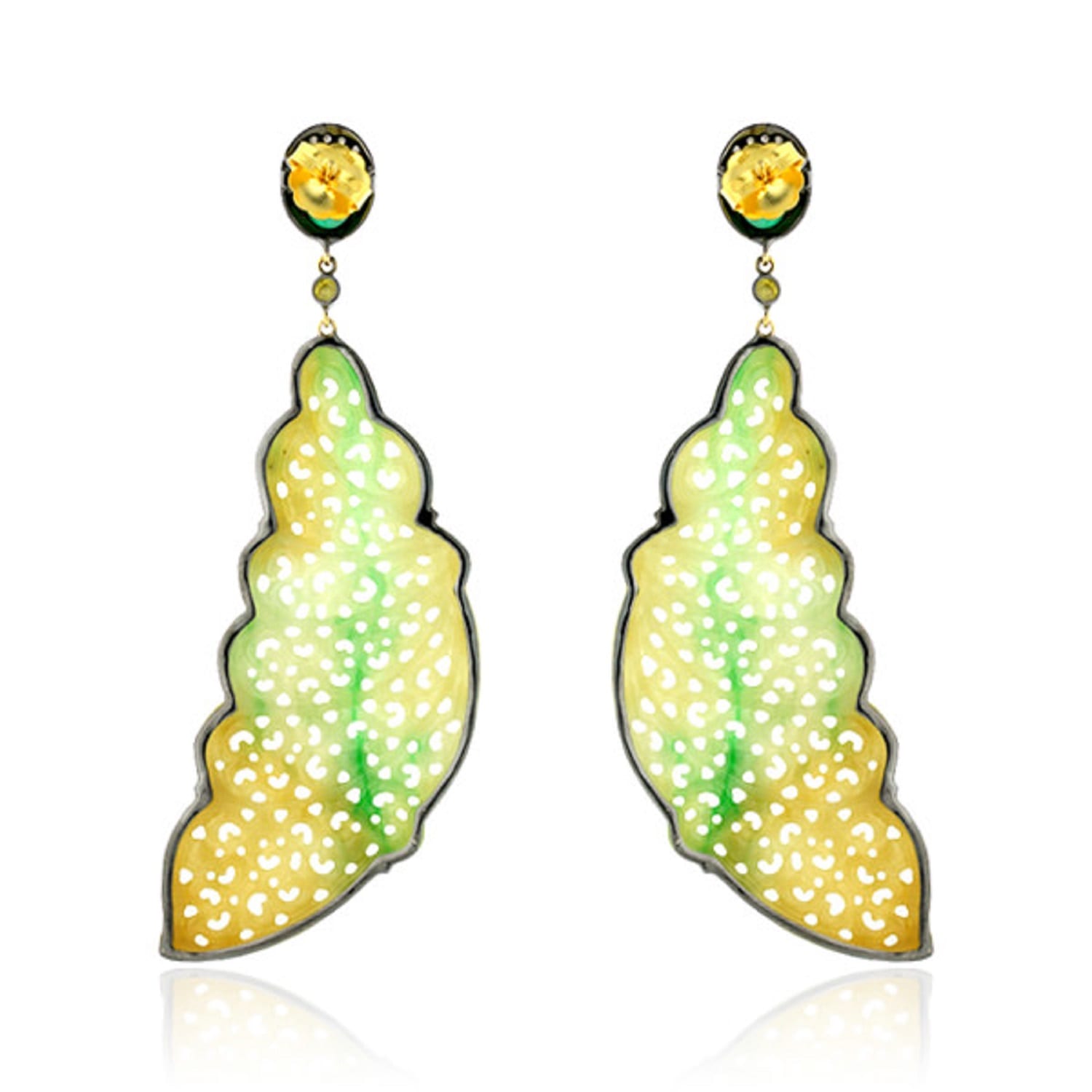 Carved Multi-Jade & Emerald Gemstone Pavé Diamond Dangle Earrings In Gold