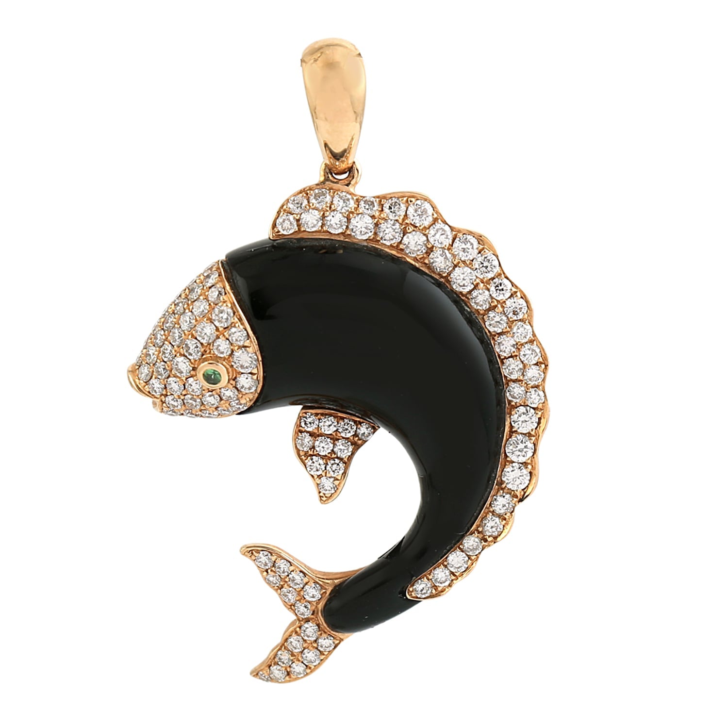 Carved Onyx Gemstone & Diamond Fish Design Pendant In Rose Gold